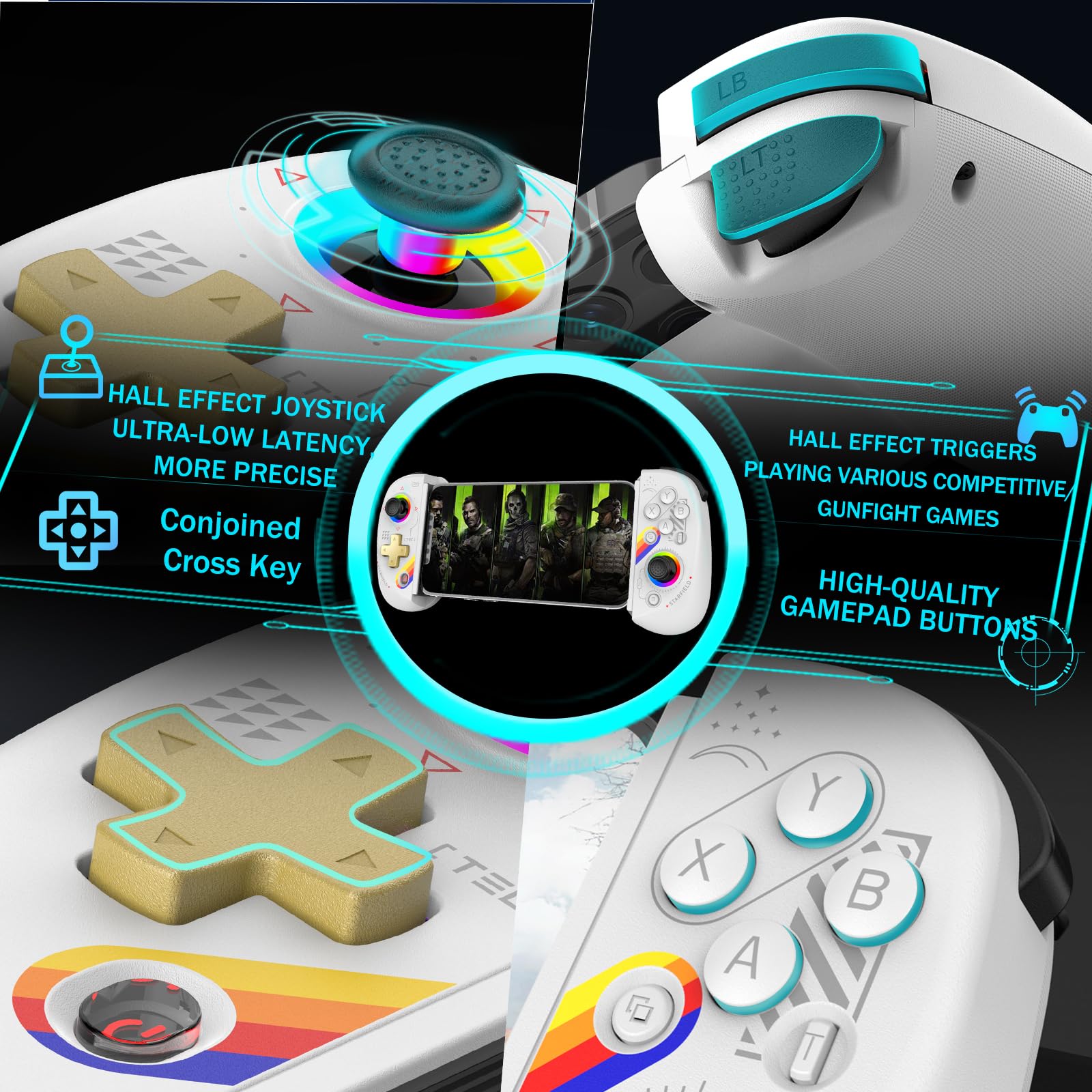 arVin Wireless Gamepad Controller for iPad/Tablet/iPhone/Android/Switch [Within 5-10"]with RGB Hall Effect Joystick/Hall Trigger/Turbo/Support Streaming on Xbox/PS4/PC Console/Cloud Gaming/CODM Mobile