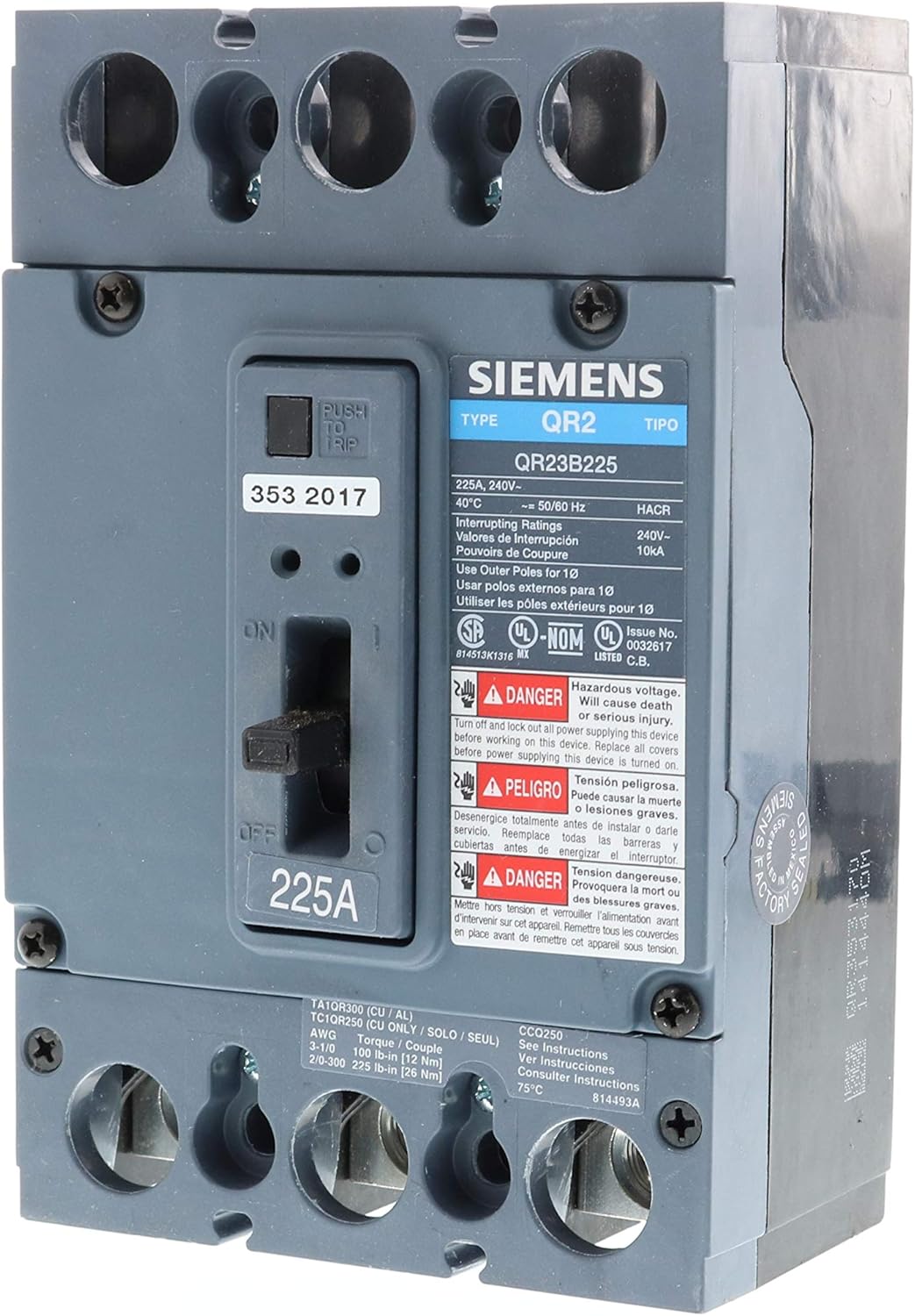 225 Amp 3-Pole Type QR Circuit Breaker