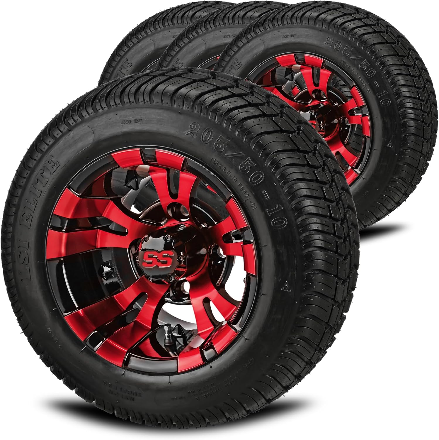 RM Cart 10" Warlock Black/Machined on 205/50-10 LSI Elite Low Pro Tires (Set of 4) | Golf Cart Tires and Wheels Combo with Standard Lug Nuts