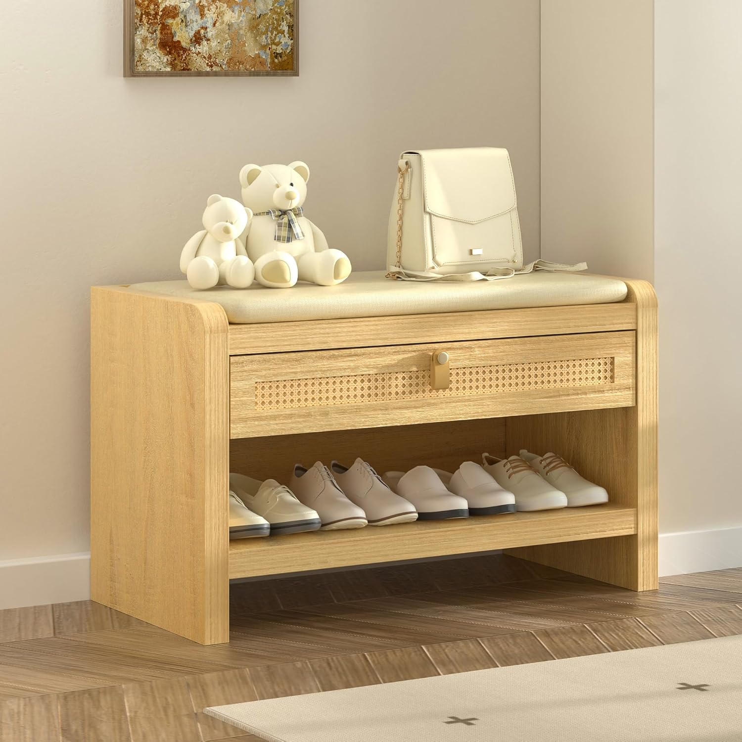 Amazon.com: FUSUNBAO Rattan Shoe Bench,Shoe Rack with Storage Drawer ...