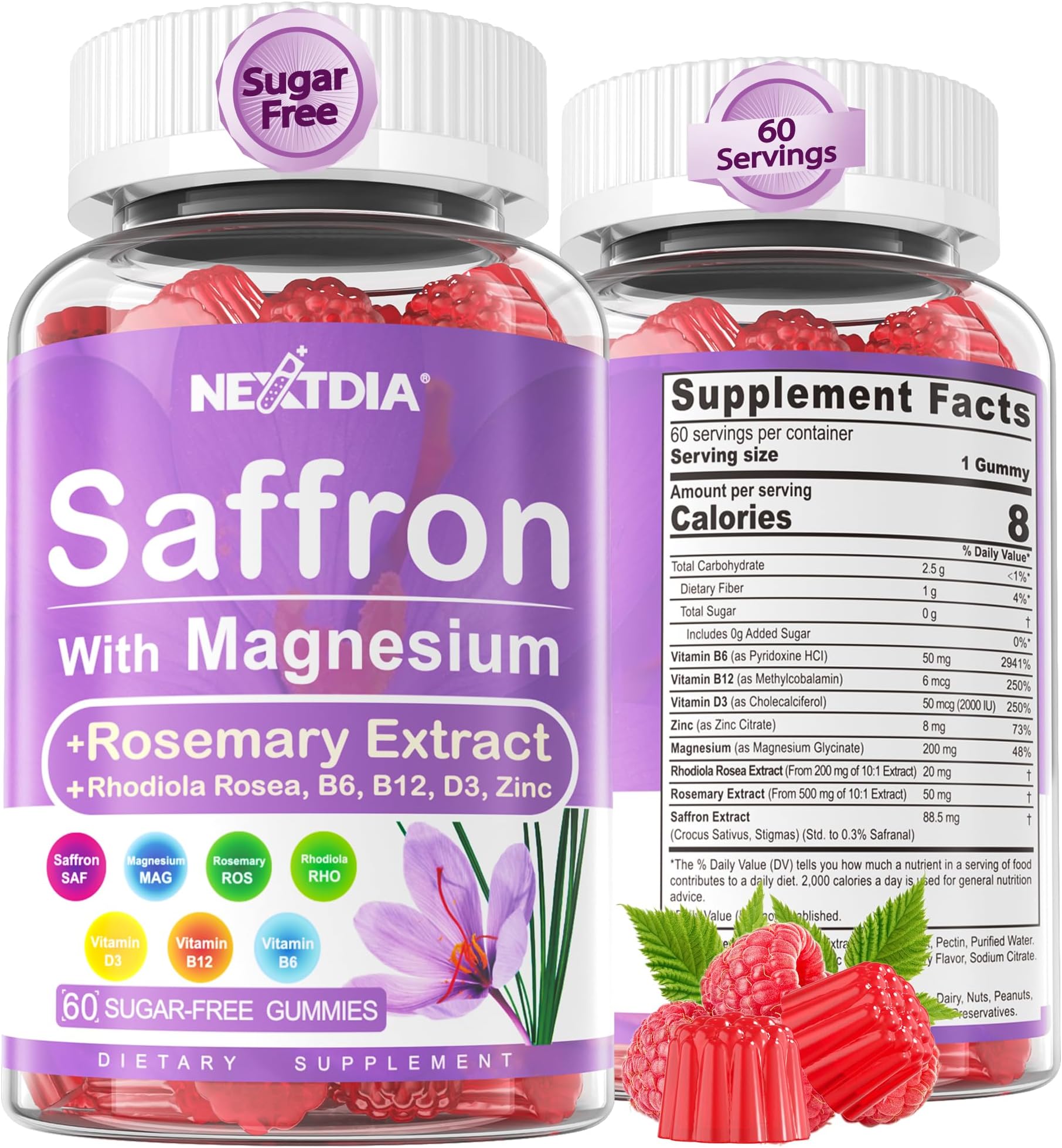 Nextdia Saffron with Magnesium Glycinate Gummies, 2 Months Supply -Sugar Free Magnesium 400/200mg w/Saffron,Rhodiola,Rosemary, B6,B12,D3 for S-leep, Calm,Focus, Relax, Nerve, Melatonin Free Gummies