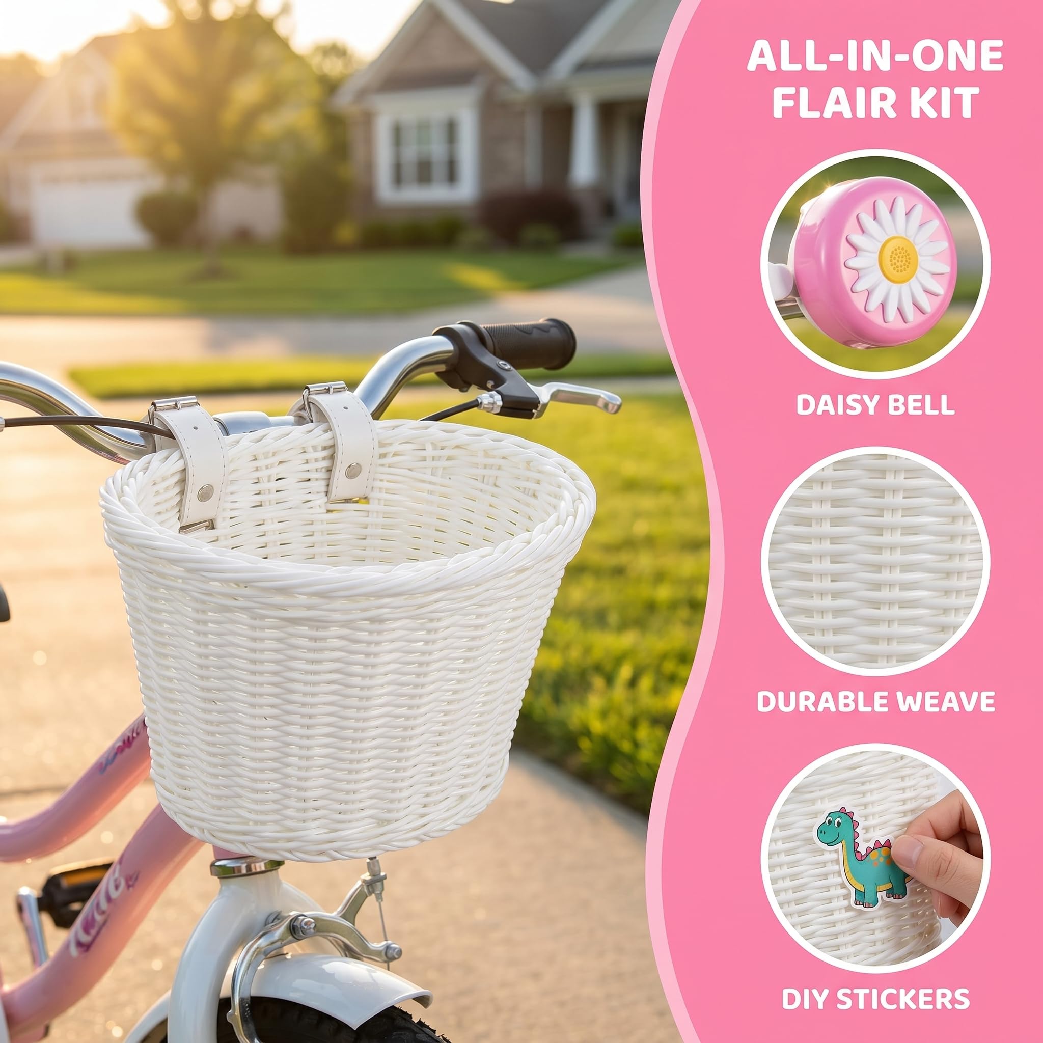 Panier de vélo avant pour enfants, accessoires de vélo pour filles et garçons, panier de vélo tissé avec autocollants, sonnette de vélo, moulin à vent et 1 paire de rubans colorés (panier blanc)