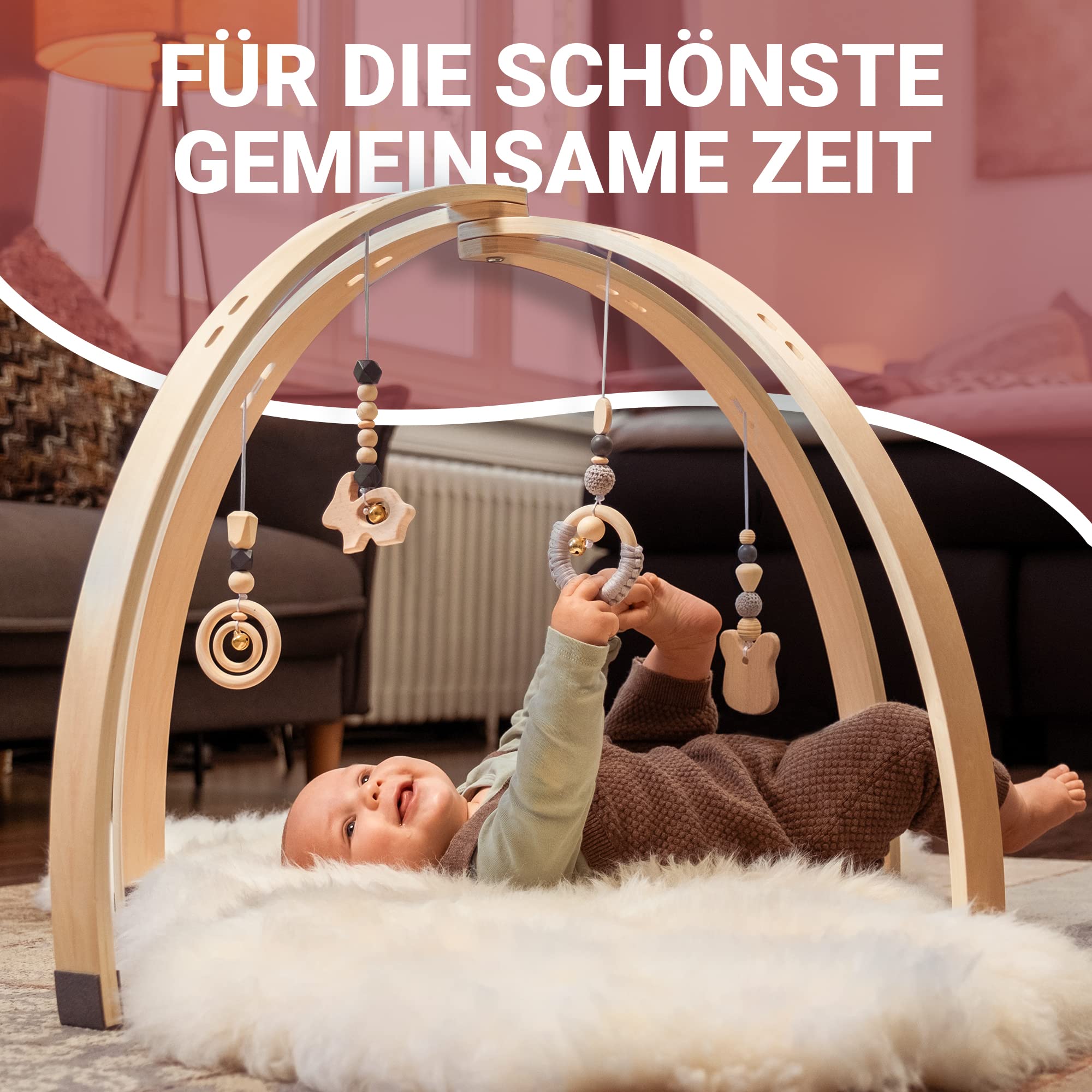 AMAZINGs Spielbogen Baby aus Holz | Nachhaltiger Spielebogen mit Tasche und Baby Spielzeug, Montessori Konzept | Spieltrapez, Activity Center