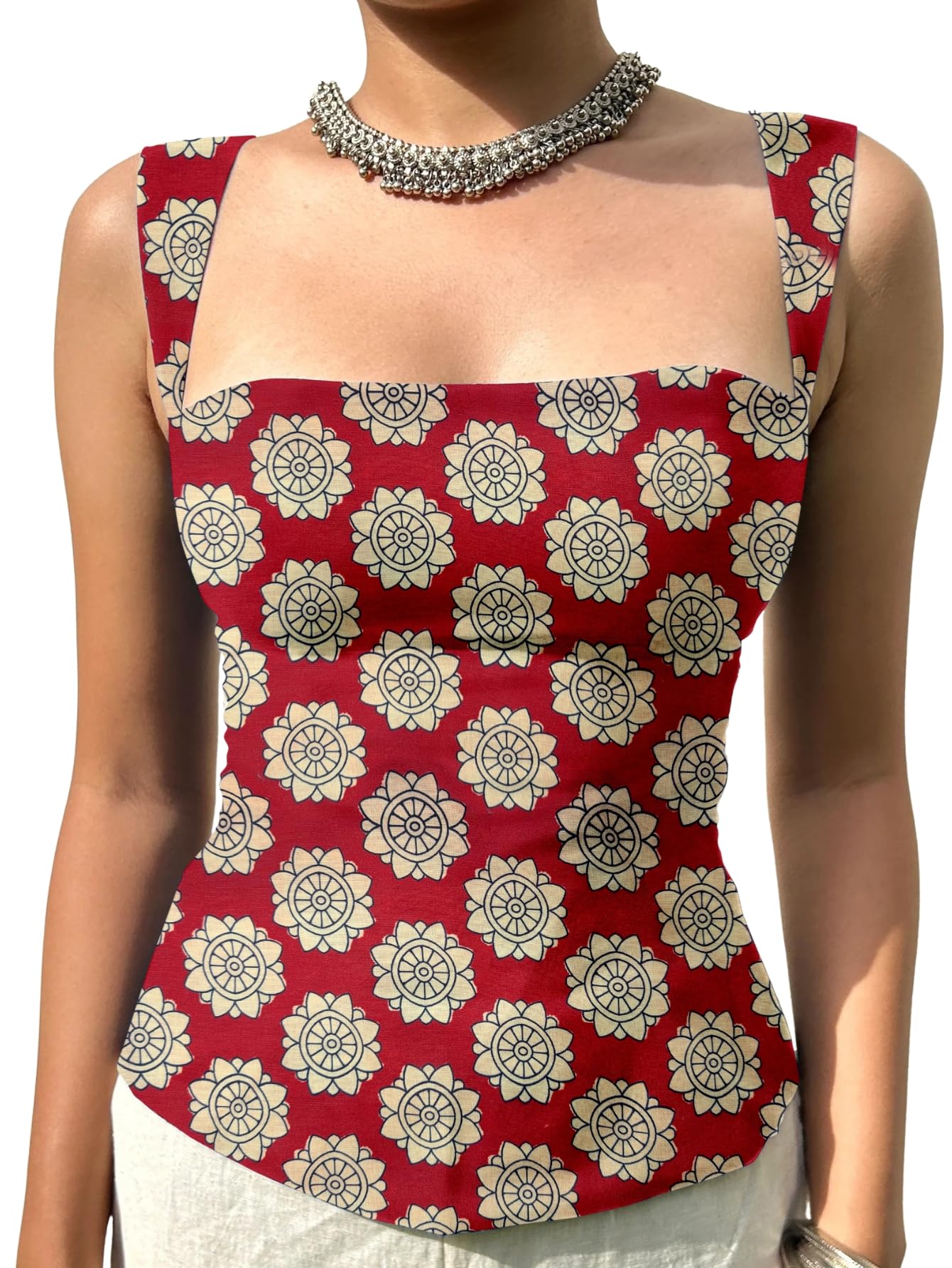 Anouk Green Printed Square Neck Sleeveless Backless Short Indo-Western Ethnic Kurti Top for Women's & Girl's Ethnic Top for Women's & Girl's in green
