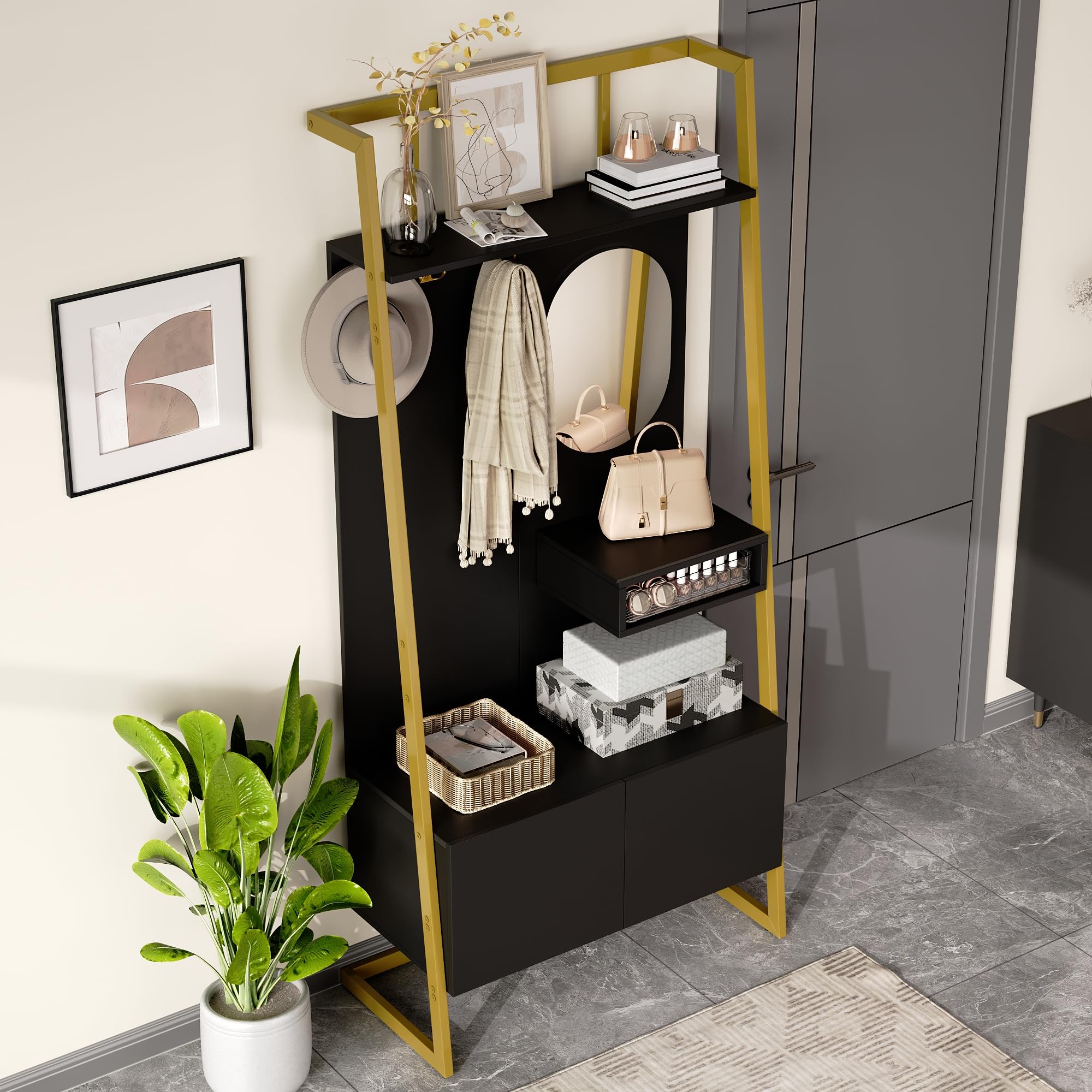 Moderno guardaroba compatto 80 x 180 cm, armadio aperto con specchio, gancio in metallo, con scarpiera, appendiabiti, nero