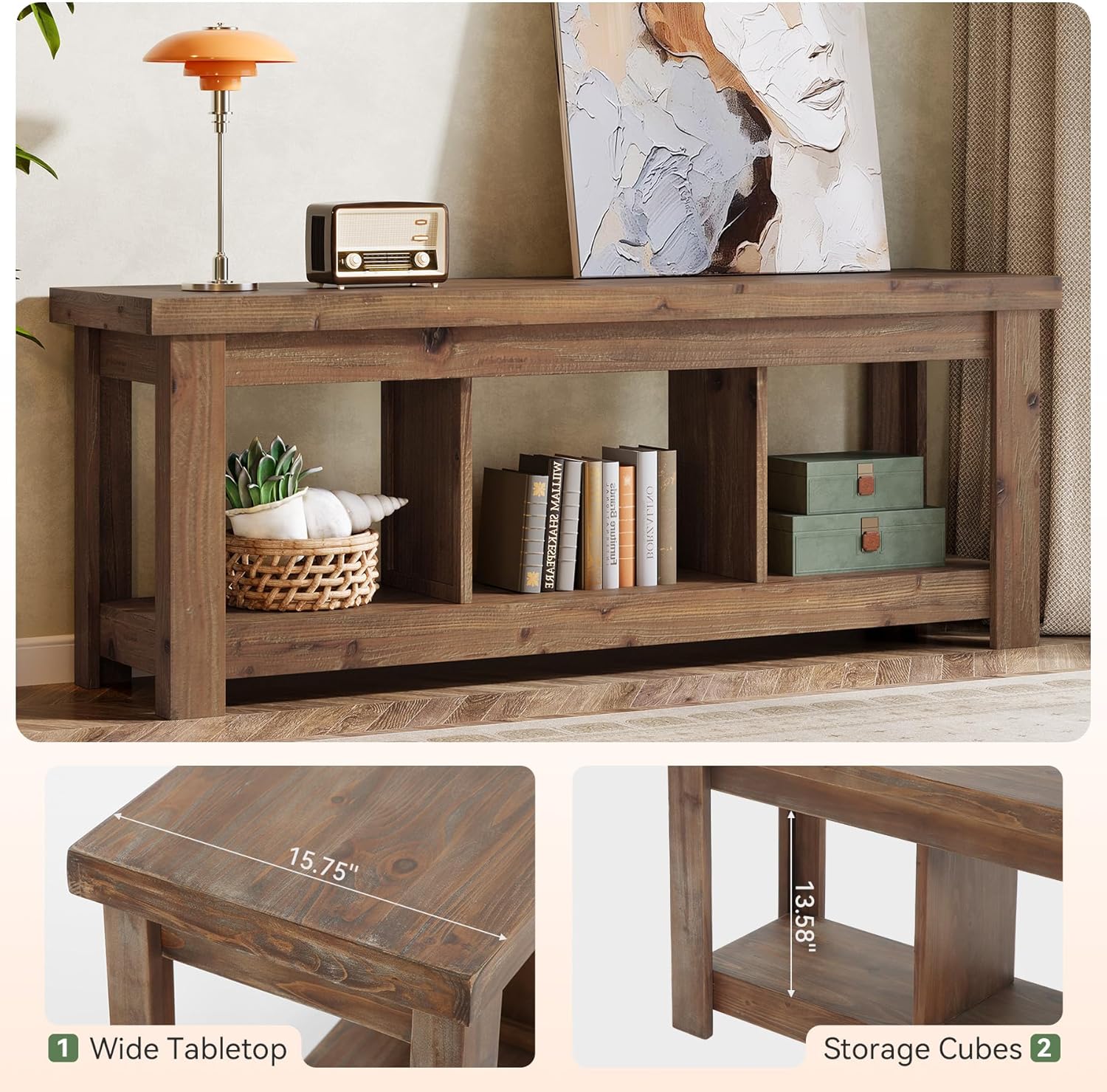 Tribesigns 63" Solid Wood Console Table with Storage, Long Entryway & Sofa Table for Behind Couch, Farmhouse Hallway Accent for Living Room, 63" TV Console Stand, Natural Finish