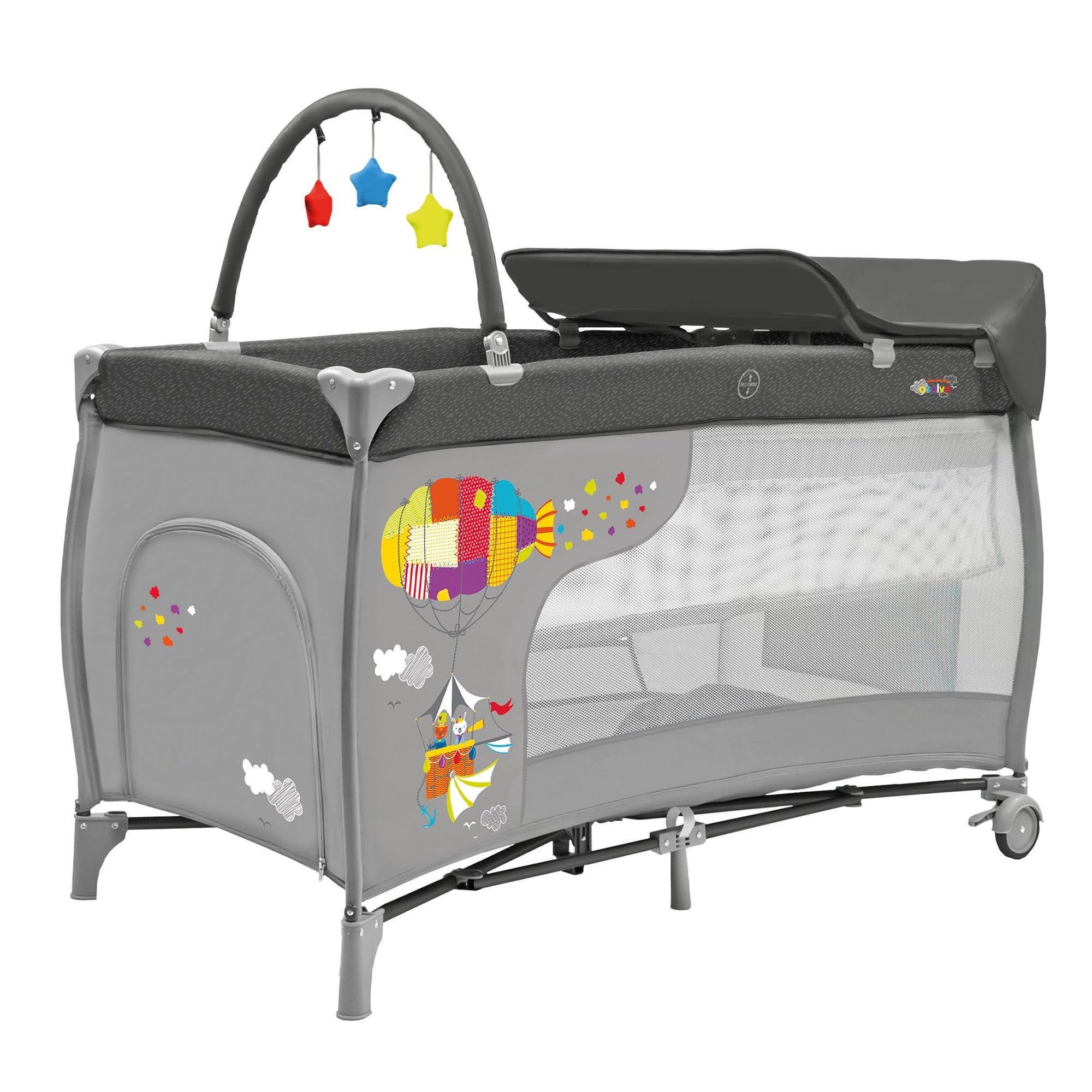 Asalvo Lit de Voyage 120 x 60 Mix Plus pour bébé de 0 à 15 kg /3 en 1. Lit de Voyage et Matelas à Langer Pliable en 30 Secondes avec Hauteur réglable/Gris Zep