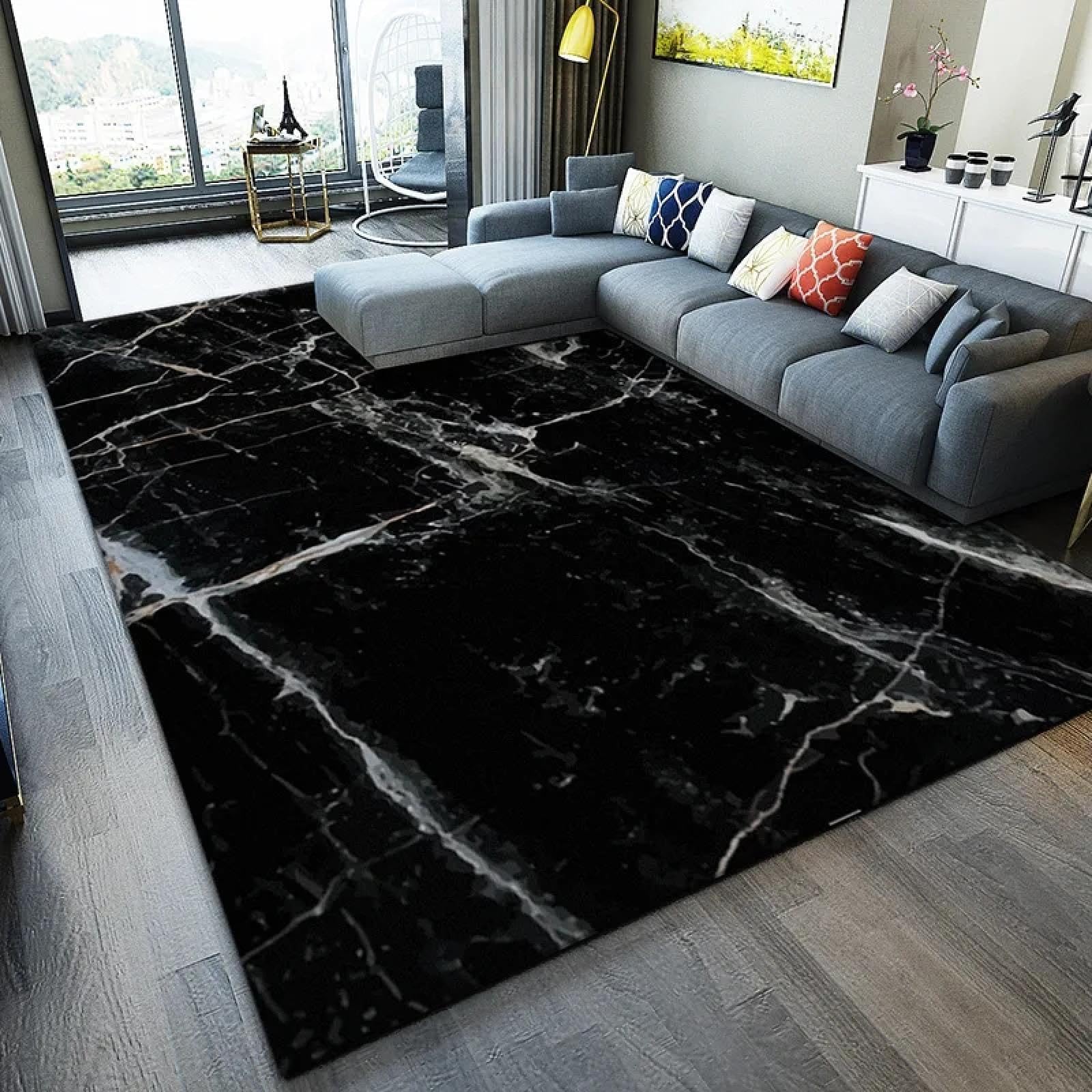 Tapis marbre noir haut de gamme abstrait 3D luxe pour salon et chambre