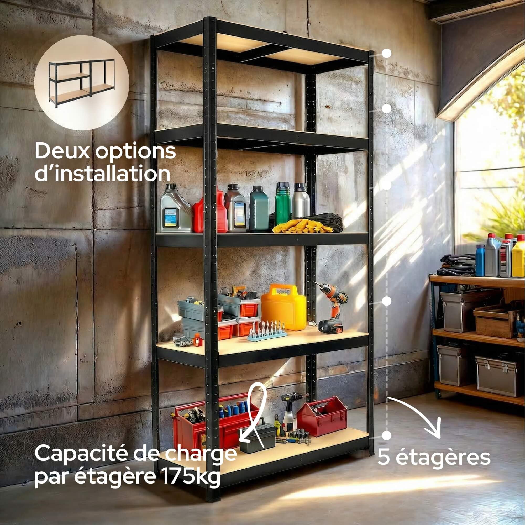 AREBOS étagère Charges Lourdes Lot de 2 | 180x90x40 cm | 875 kg | 5 Niveaux MDF | rayonnage de Stockage Cave Atelier | Noir