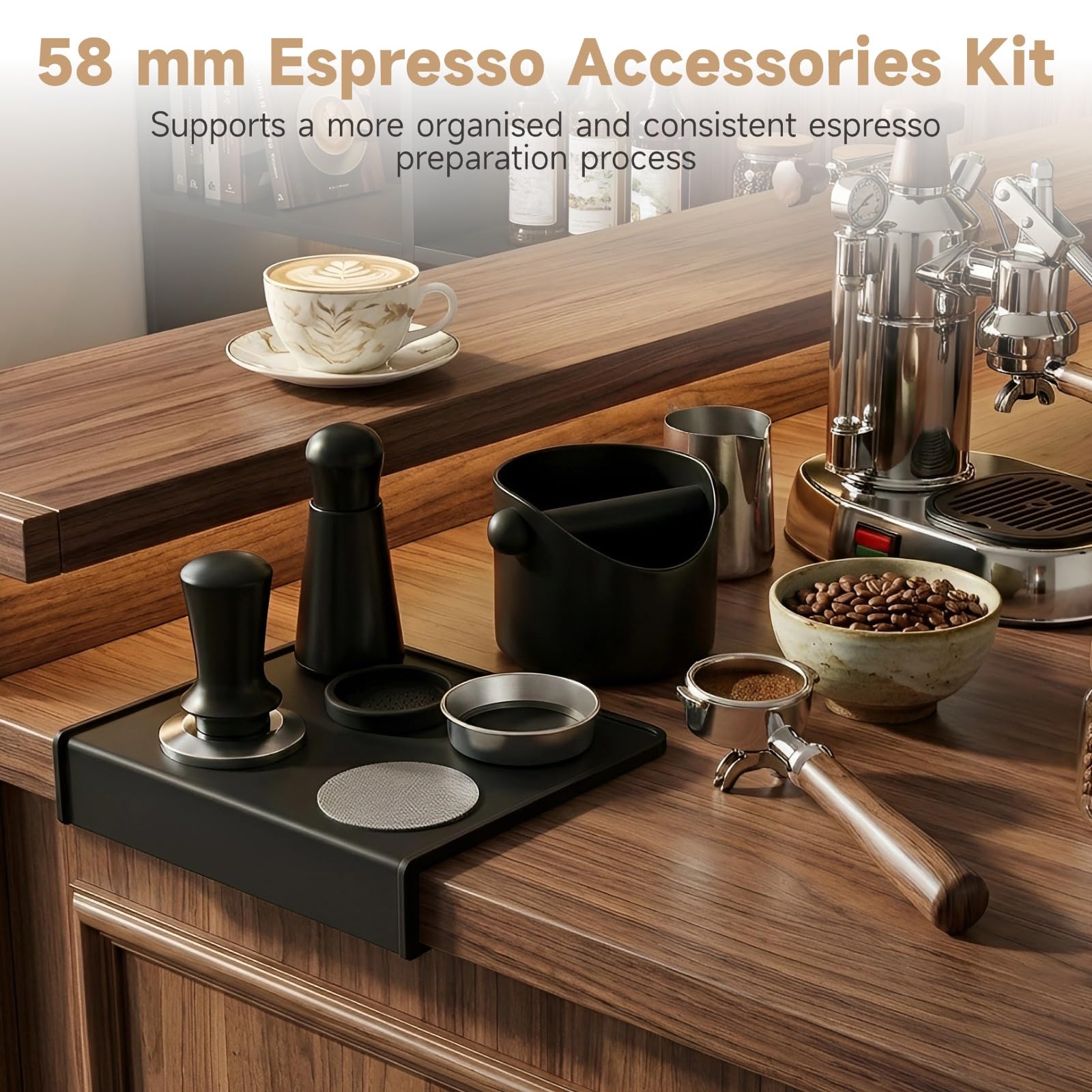 Zestaw akcesoriów do espresso, 58 mm, zestaw tamper do kawy z narzędziem dystrybucyjnym, lejekiem dozującym, ekranem krążkowym, pudełkiem i matą, narzędzia do przygotowywania kawy do ekspresu do kawy