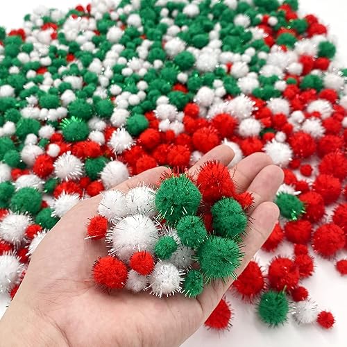 Miniatura 3 de Lusy DM 1500 pompones de Navidad con purpurina para hacer manualidades y suministros de pasatiempos (4 tamaños, blanco, rojo, verde)