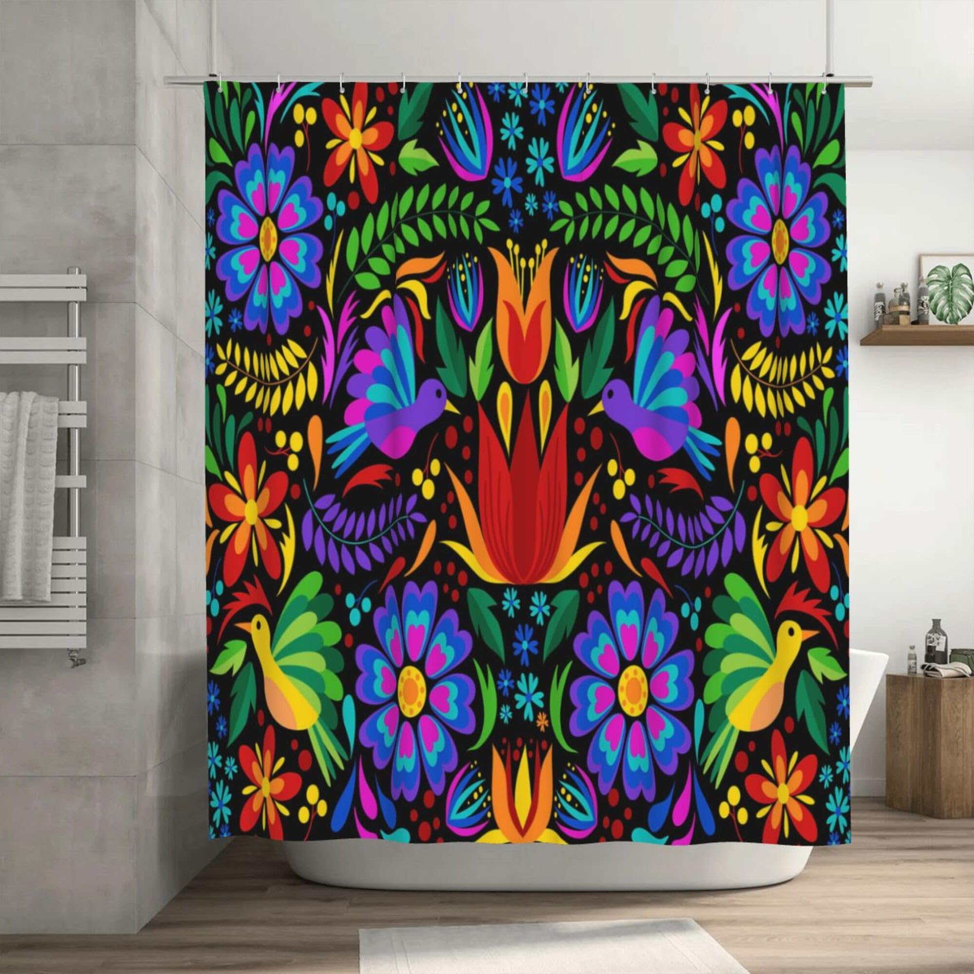 BenYaSong Mexican Shower Curtain，Birds Colorful Flowers Mexican Embroidery Style Art Polyester Waterproof Cloth Bathroom Curtain with 12 Hooks