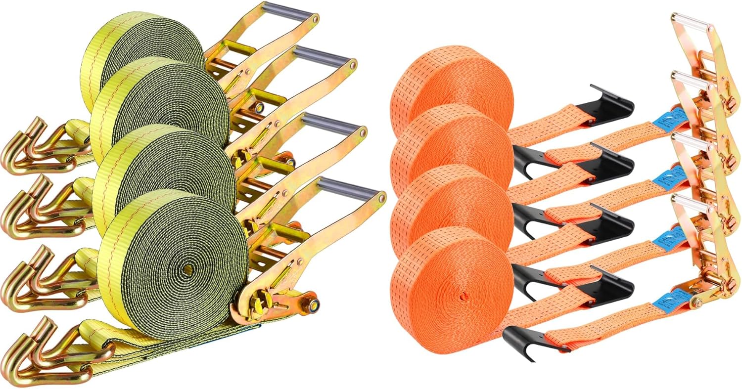 TLGREEN Heavy Duty Tie Down 2" x27' Ratchet Straps 4Packs Yellow Double J Hook + 4Packs Orange Flat Hook