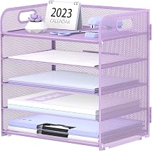 5 Trays Paper Organiser Letter Tray with Handle-Mesh Desk File Organiser, A4 Paper Sorter Desk Organiser for Office, Home or School, Purple