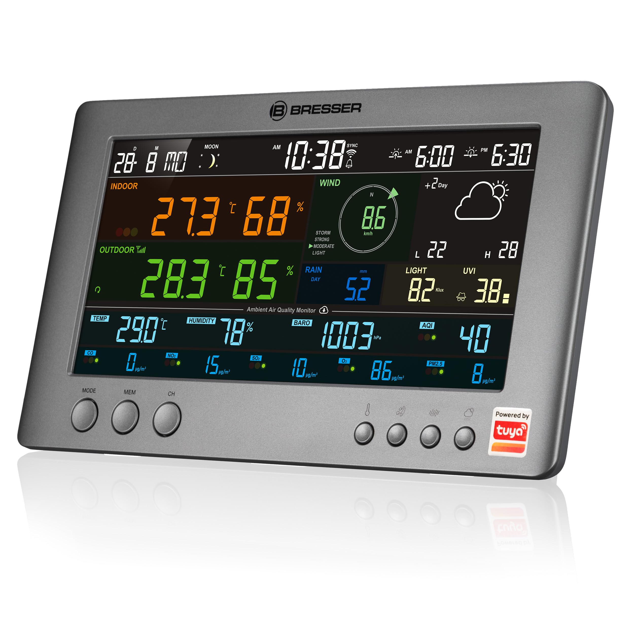 Bresser Tuya Stazione meteo professionale Wifi con sensore 7 in 1 | Temperatura interna ed esterna, umidità, pluviometro, anemometro, previsioni 6 giorni, app Tuya, qualità aria