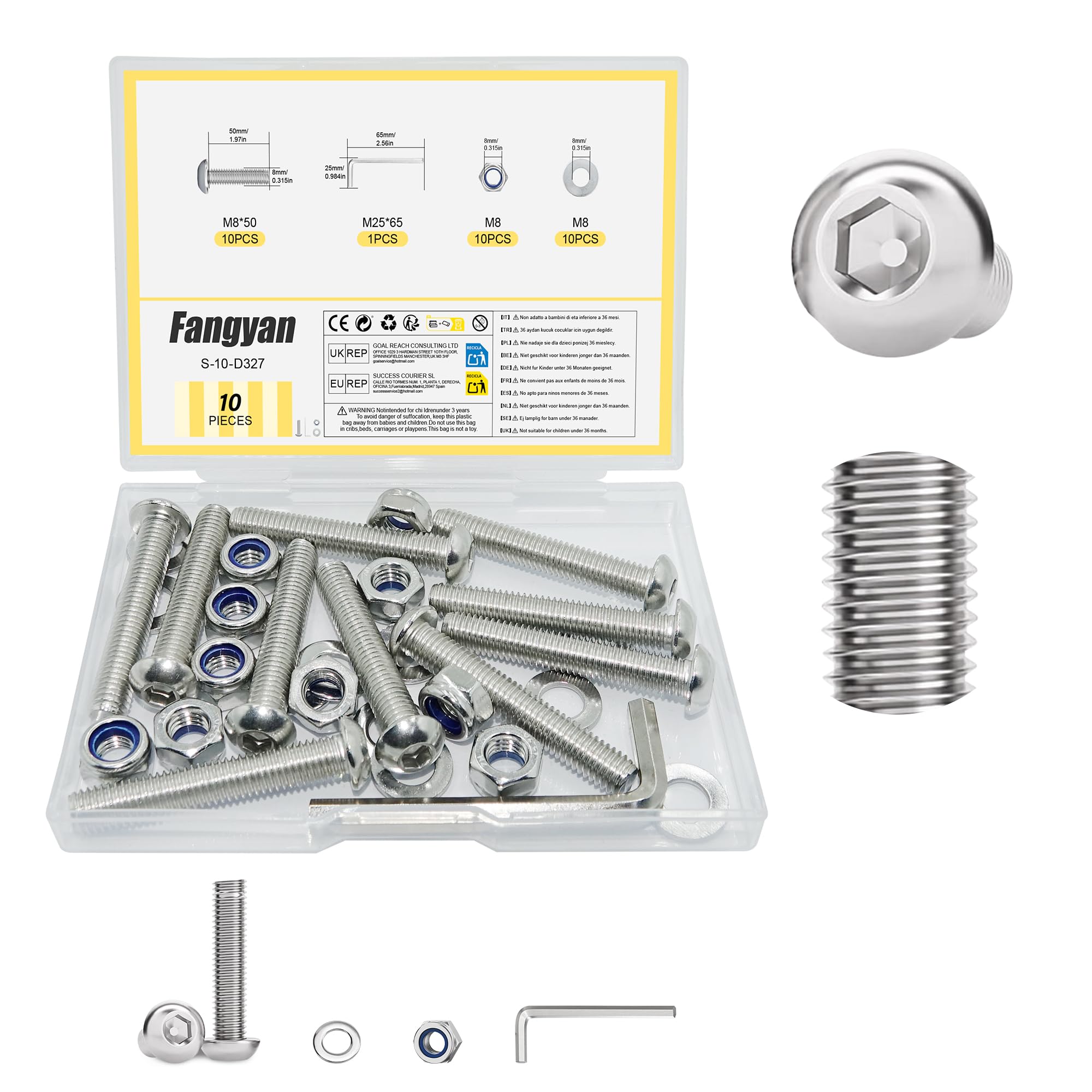 Fangyan 10 PCS M8 x 50mm Hex Socket Button Head Screws, Stainless Steel Machine Bolts with Nylon Lock Nuts, Flat Washers & Hex Wrench Assortment Kit for Furniture, Equipment & DIY Assembly