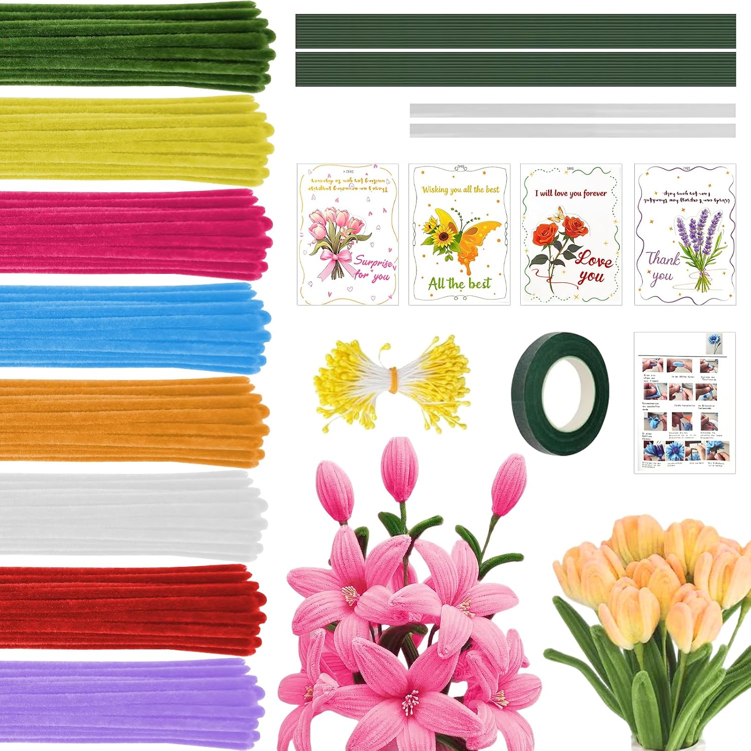 800PCS Pipe Cleaners Bulk Craft Flower Making Kit, Thick Chenille Stems with 400 Stamens for DIY Bouquet, Creative Arts and Crafts Supplies for Adults, Includes Floral Wire, Tape and Instruction