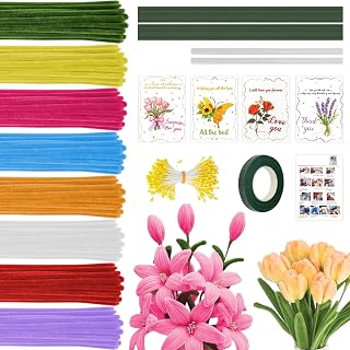 800PCS Pipe Cleaners Bulk Craft Flower Making Kit, Thick Chenille Stems with 400 Stamens for DIY Bouquet, Creative Arts and Crafts Supplies for Adults, Includes Floral Wire, Tape and Instruction
