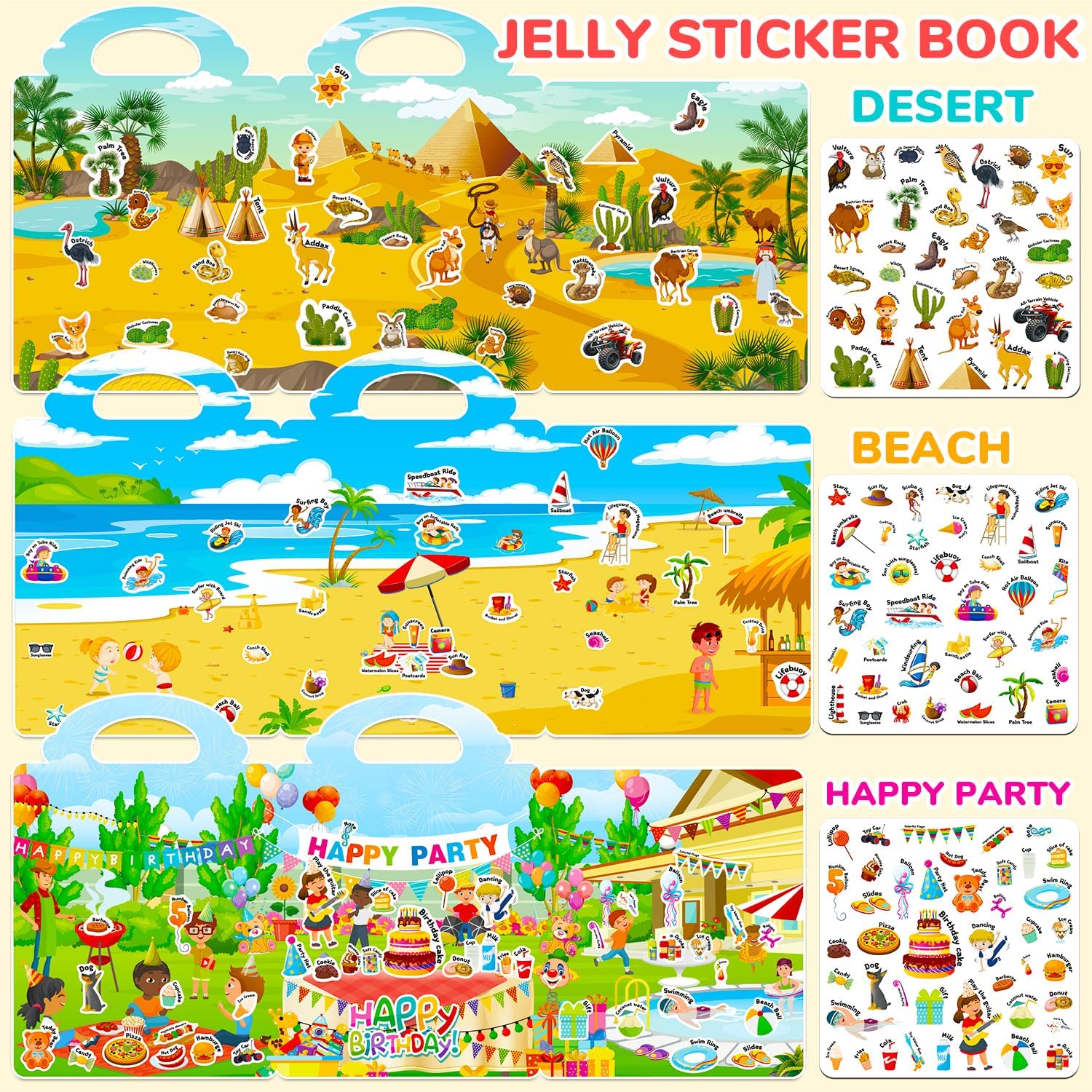 6 Sets Reusable Sticker Book for Toddlers 1-3, Jelly Stickers Book for Kids 2-4, Travel Sticker Activity Toys for Childs 3 4 5 6 Years Girls & Boys Best Gifts