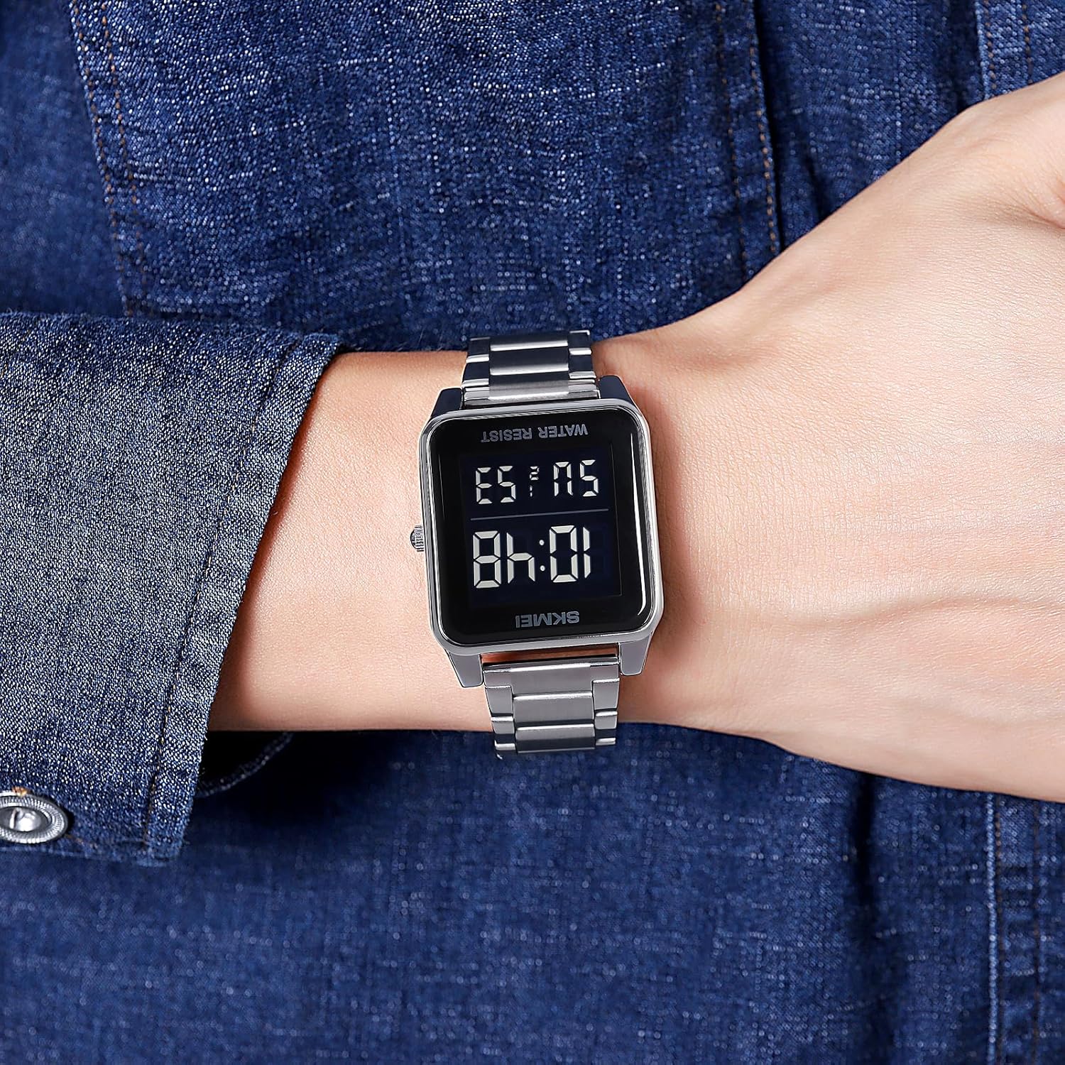 FANMIS Men's Electronic Square Digital Sports Watch Multifunctional Sports Waterproof Watch Classics Business Dress Watch LED Backlight Stainless Steel Student Watch