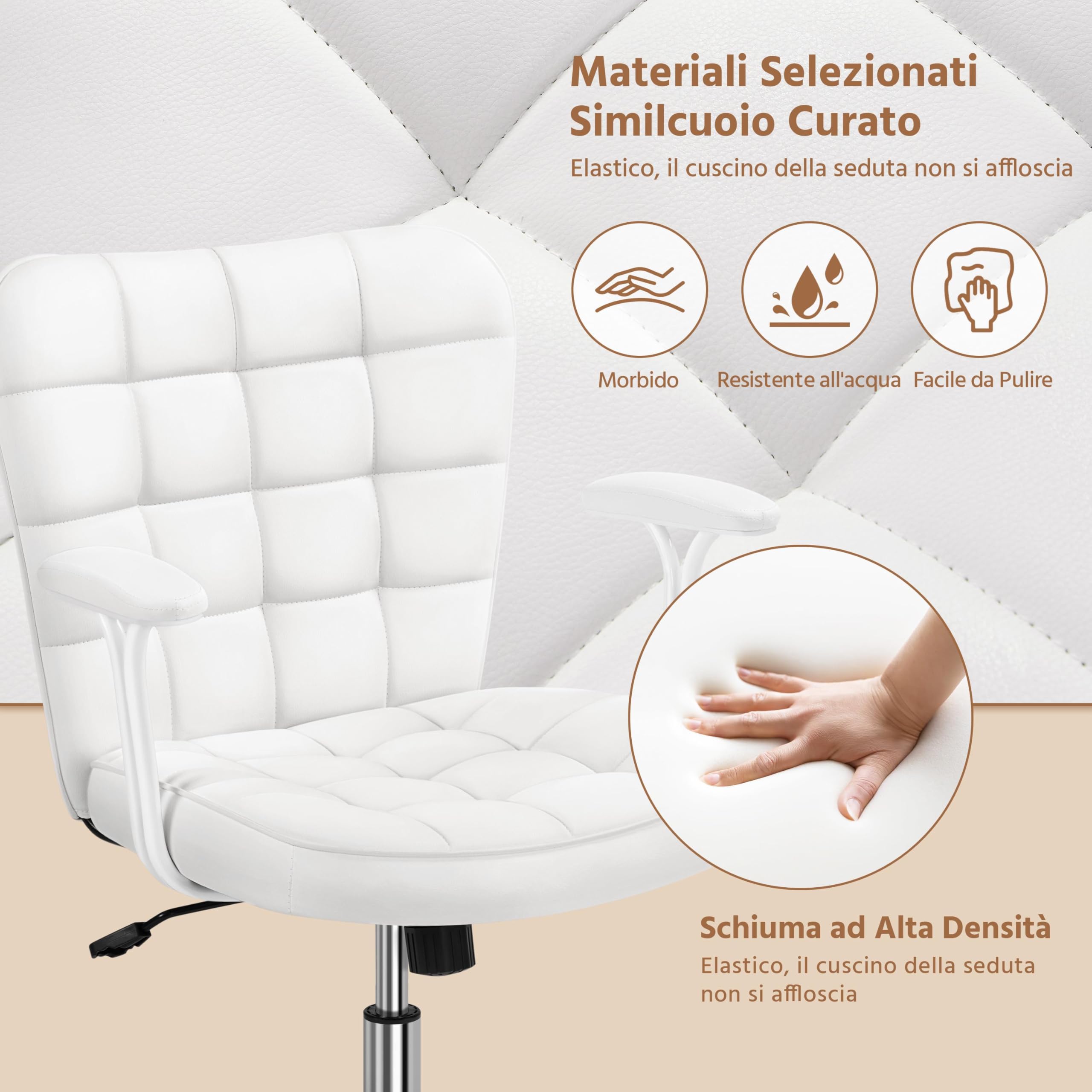 Yaheetech Sedia Ufficio Scrivania Cameretta in Finta Pelle con Braccioli | Altezza Regolabile, Funzione Dondolo, Girevole a 360°, Portata 136 KG, Bianco