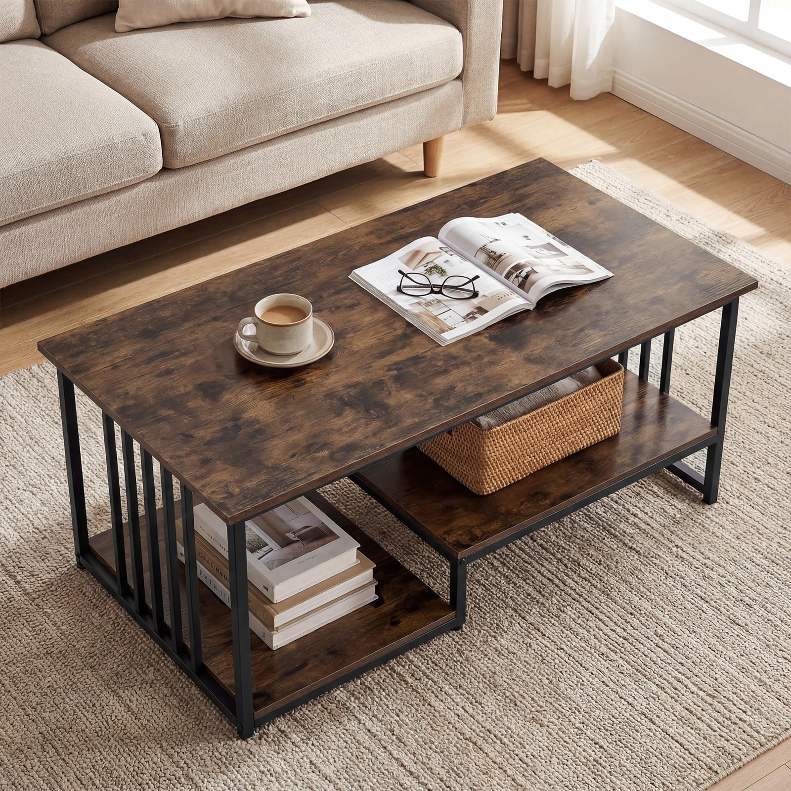 COSTWAY Table Basse Marbre, Table Basse Salon Rectangulaire avec 2 Étagères, Cadre en Métal Noir, Effet Marbre Gris, pour Salon, Maison, 110 x 60 x 45 cm (Marron Rustique)