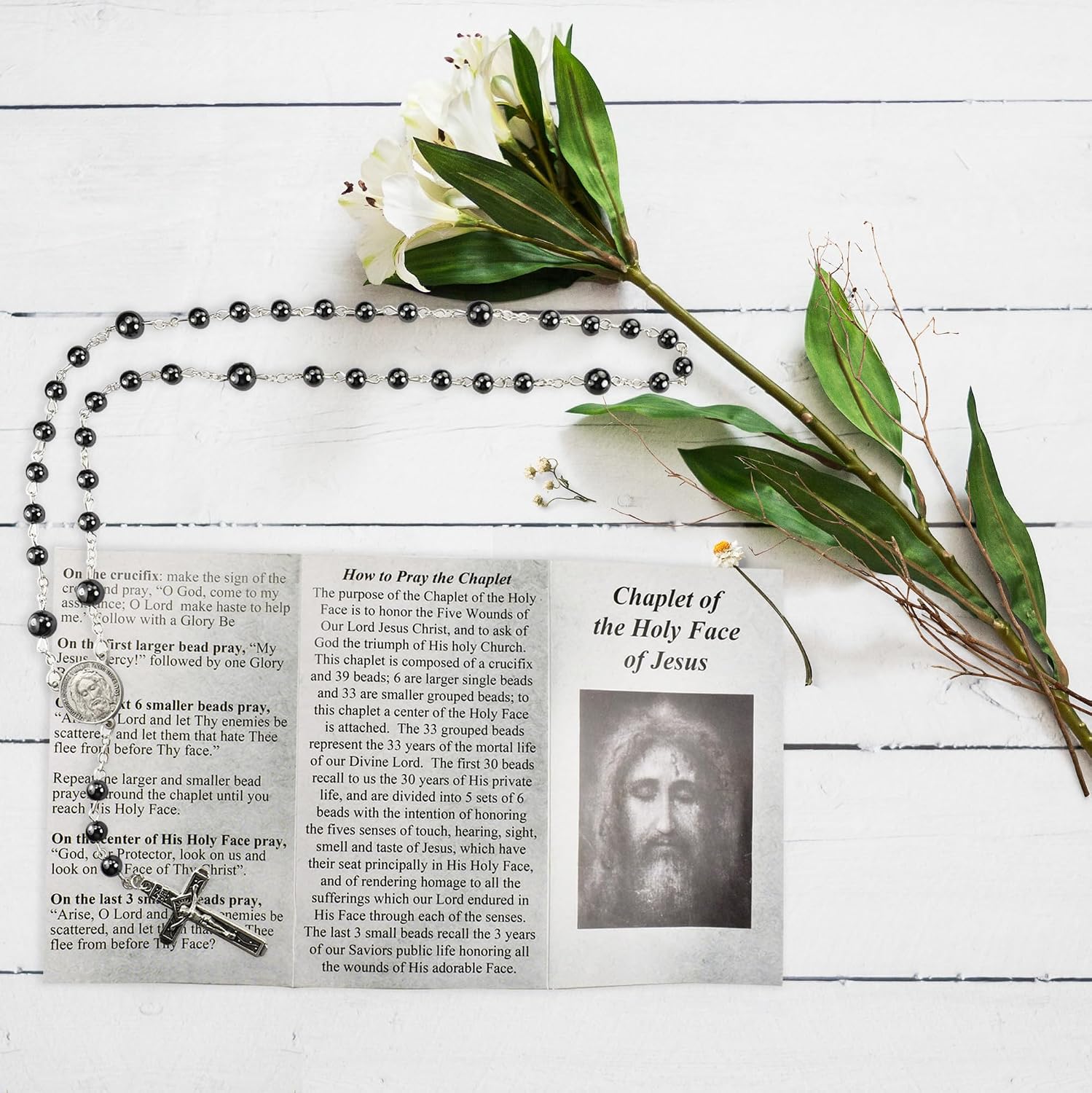 Chaplet of The Holy Face of Jesus - The Lord's Prayer Card - Black Hematite Holy Face Chaplet Rosary Beads - Holy Face Medal Rosary with Guide - Coronilla de la Santa Faz de Jesus - 2 Items Total