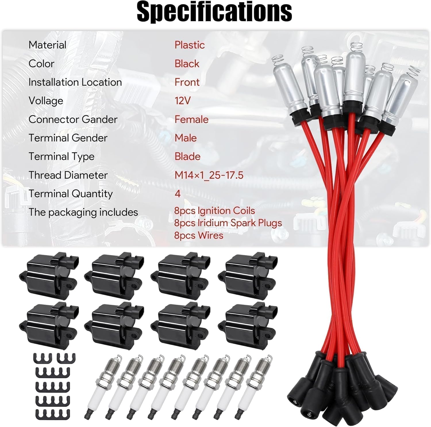 8Pcs UF271 Square Ignition Coils with 41-962 Platinum Spark Plugs & M8-48322R 8mm Spark Plug Wires Set Fit for Chevy Silverado 1500 2500 3500 for Cadillac for GMC Sierra Yukon 4.8L 5.3L 6.0L 8.1L