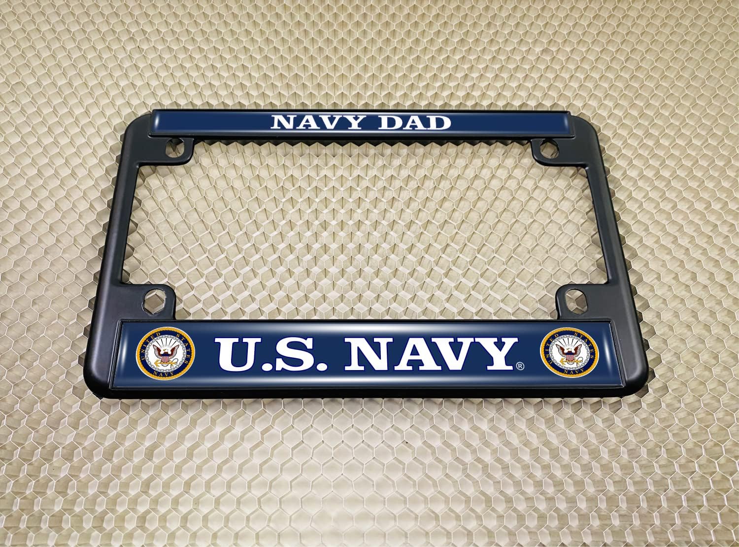 [Officially Licensed Product] - Motorcycle Metal License Plate Frame - U.S. Navy Dad with Eagle and Anchor Logo Design - Black
