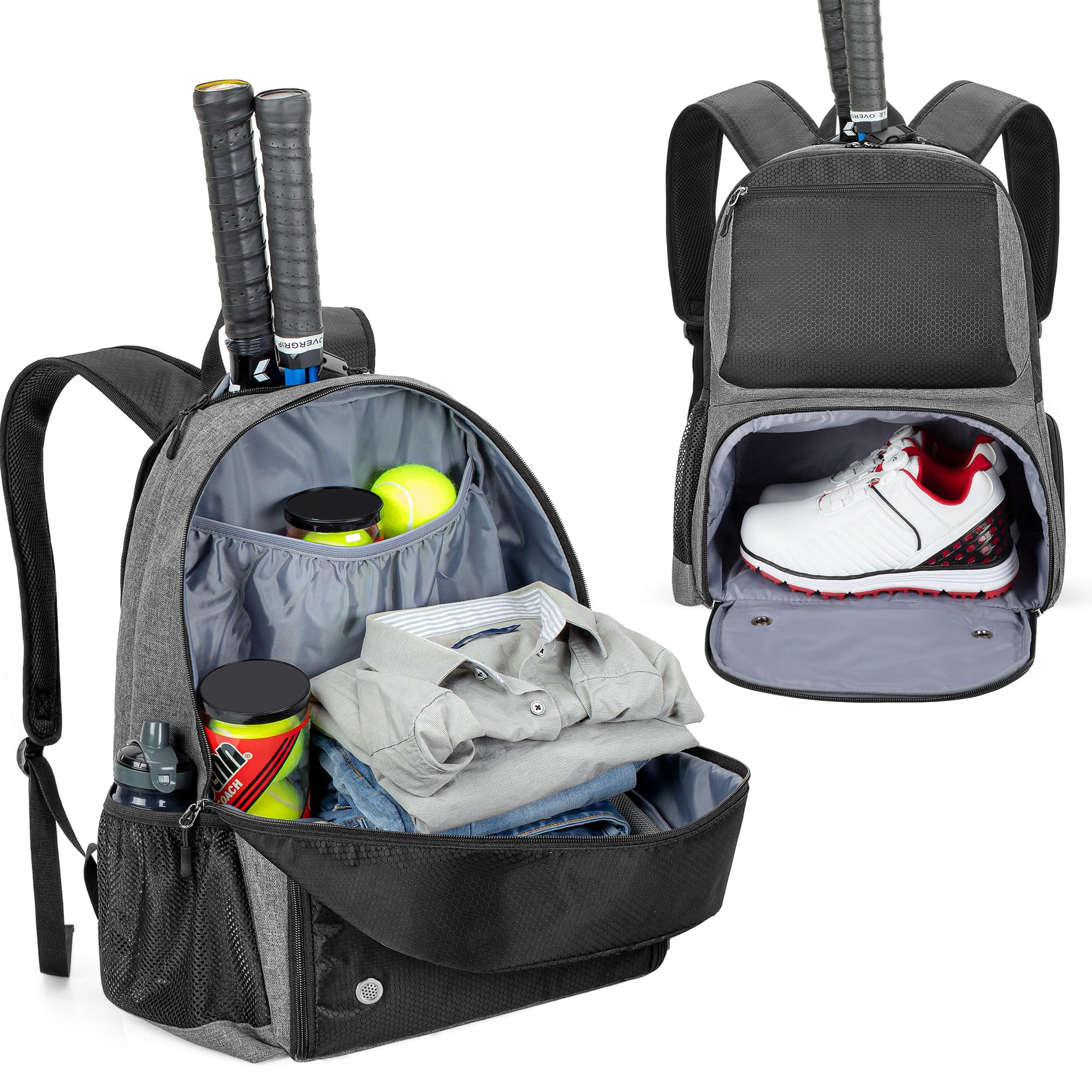 DSLEAF Tennis Backpack Holds 2 Rackets, Tennis Bag with Separate Ventilated Shoe Compartment for Tennis Pickleball Badminton Squash Sports, Grey