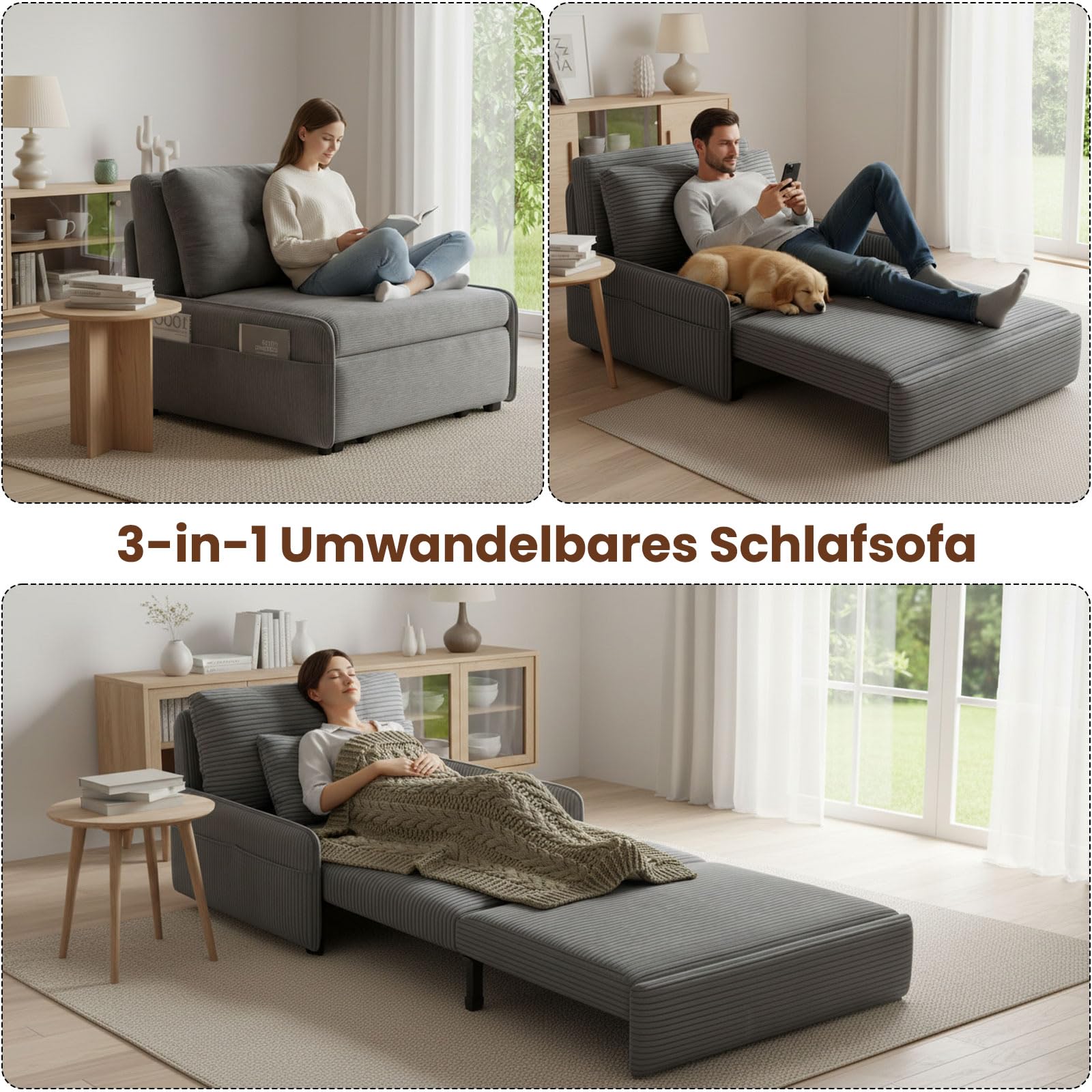 Generisch 3-in-1 Schlafsofa mit Bettfunktion und stauraum für kleinen Raum | Ausziehbares Einzel-Schlafcouch mit Kissen und Seitentasche Couch mit schlaffunktio für Gästezimmer und kleine Wohnung
