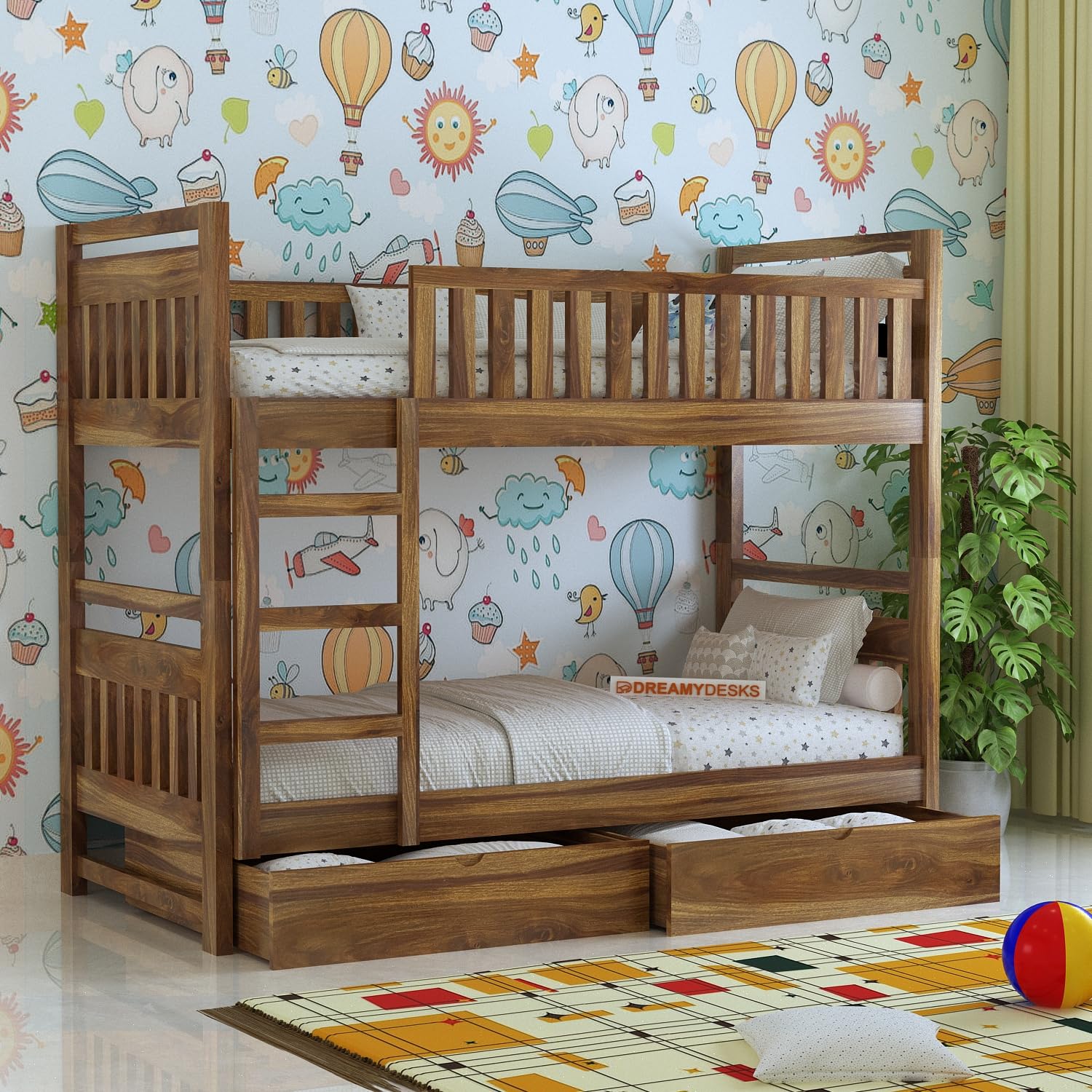 Dreamydesks Sheesham Wood Tylor Bunk Bed for Adults/Kids/Children with 2 Drawer Storage Wooden Double Beds Furniture for Bedroom Living Room Home - Teak Finish