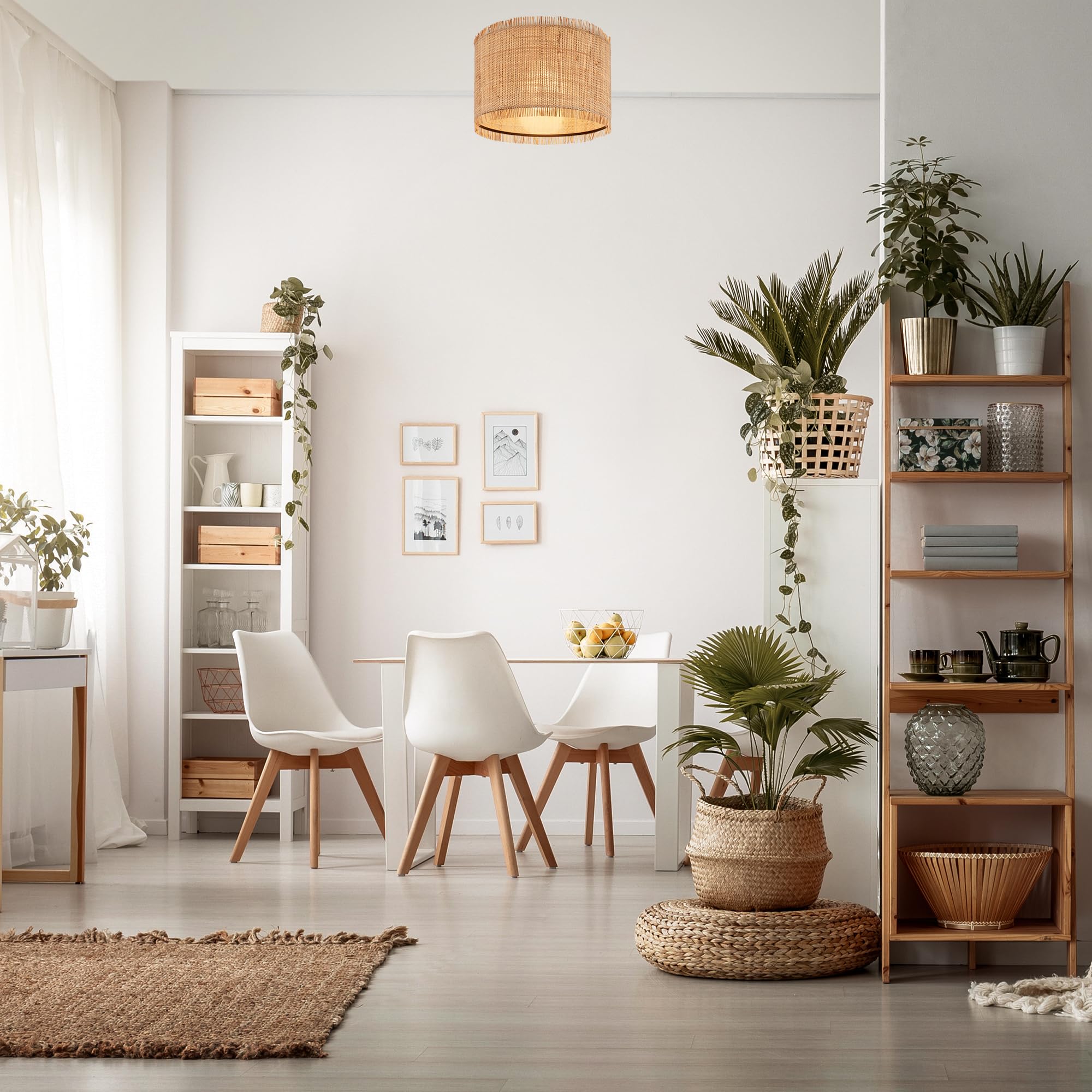 Briloner Lámpara de techo con pantalla de paja, casquillo E27, máx. 10 W, lámpara de techo, boho, estética, lámpara, lámpara de salón, 40 x 28 cm (DxH), color natural