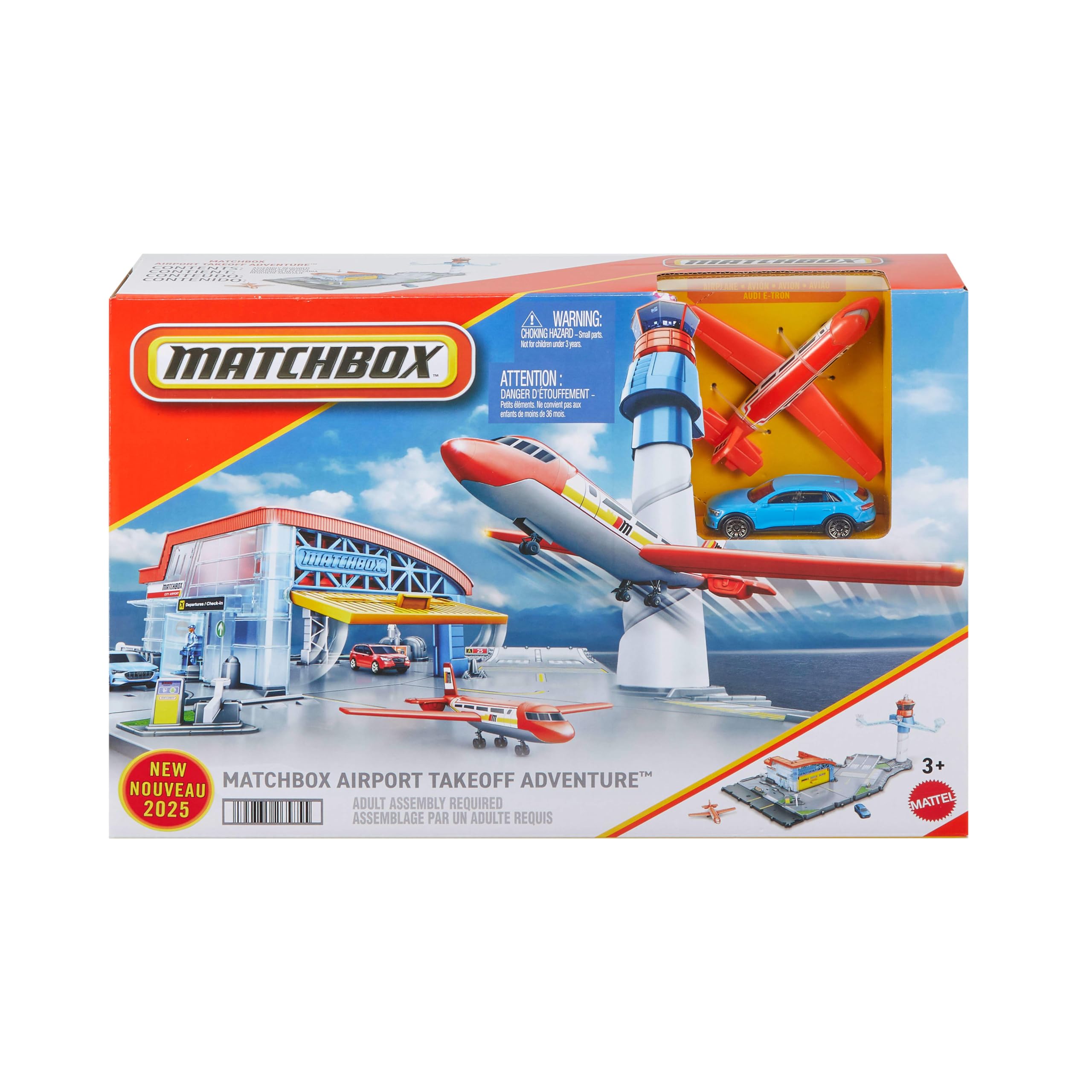 Matchbox Lotnisko przygód Zestaw lotnisko, 1 metalowy samochód zabawka Audi w skali 1:64, 1 plastikowy samolot zabawka, funkcja zabawy w start i lądowanie, wieża kontroli lotów i hangar, JBW37