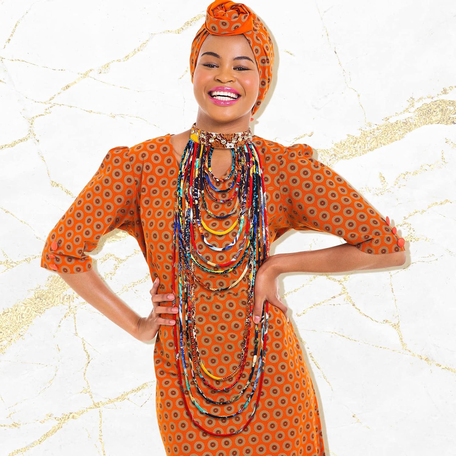 Bonuci African Kente Necklace - Handmade Multicolor Print Long Multi Strand African Jewelry for Women - Ankara Fabric Necklace for Ladies Accessories