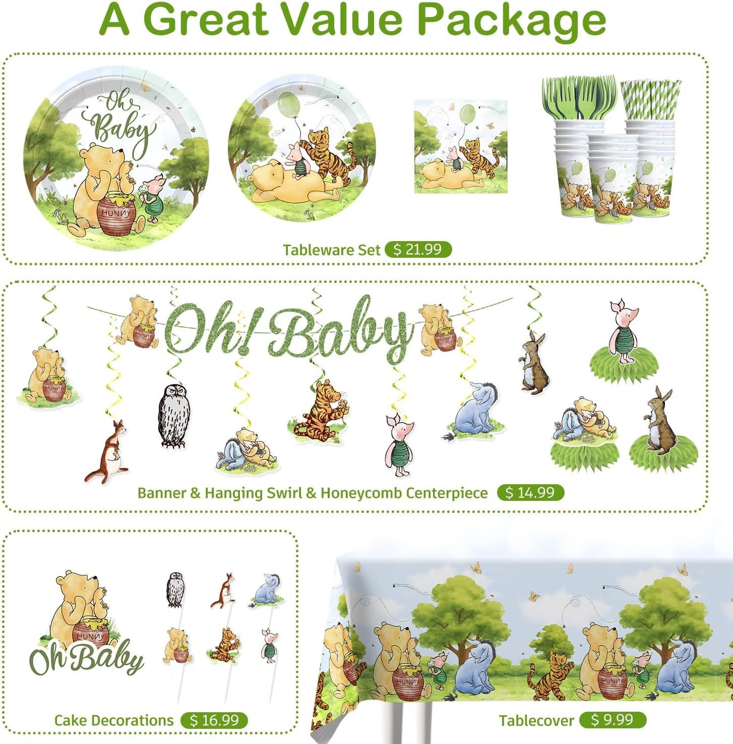 Xynic 193pcs Classic Bear Baby Shower Decorations Complete Party Set for 25 Guests, Classic Pooh Disposable Plates, Napkins, Banner, Tablecloths, for Vintage Bear Baby Shower Decorations for Girl Boy