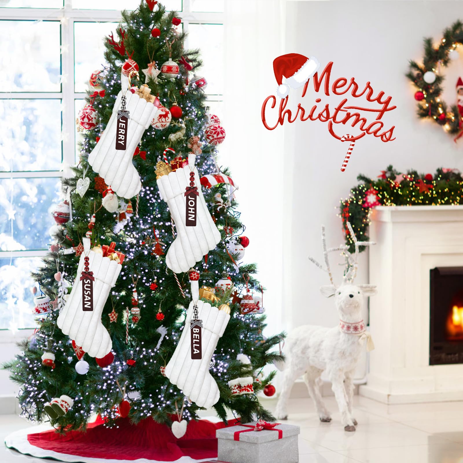 LOMOHOO Lot de 4 chaussettes de Noël en fausse fourrure rayée - 45,7 cm - Grand sac cadeau de Noël à suspendre pour sapin de Noël, cheminée, décoration de fête de famille (blanc)