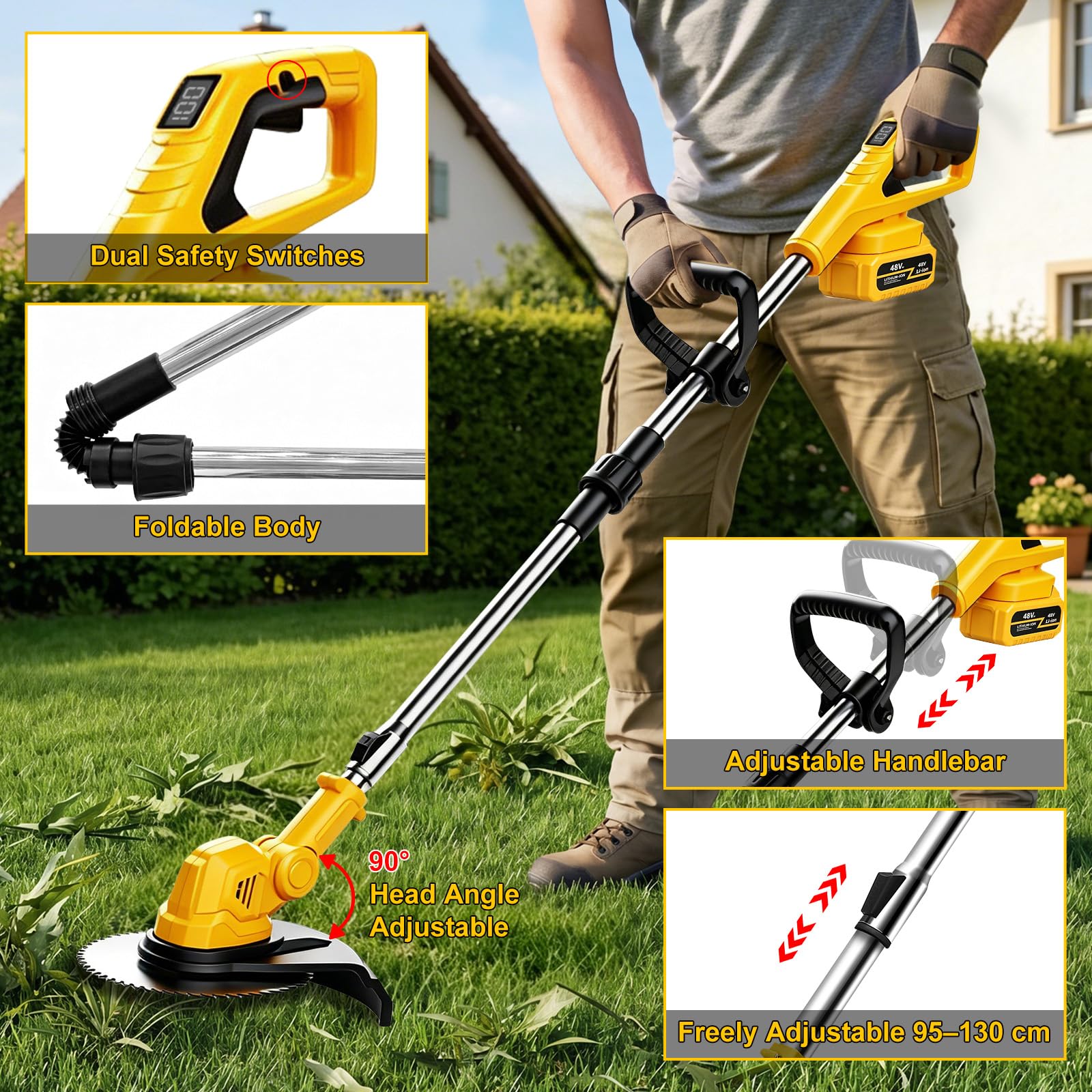 Desbrozadora con batería plegable con 2 baterías de 4000 mAh, 9000 rpm | Desbrozadora telescópica de 95 a 130 cm, con indicador digital de batería, mango ajustable y ángulo para jardín y césped