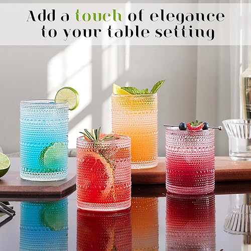 Miniatura 5 de Juego de vasos de beber Hobnail de 8 piezas, 4 vasos altos de 15 onzas y 4 vasos de vidrio transparente de 12 onzas, juego de cristalería vintage