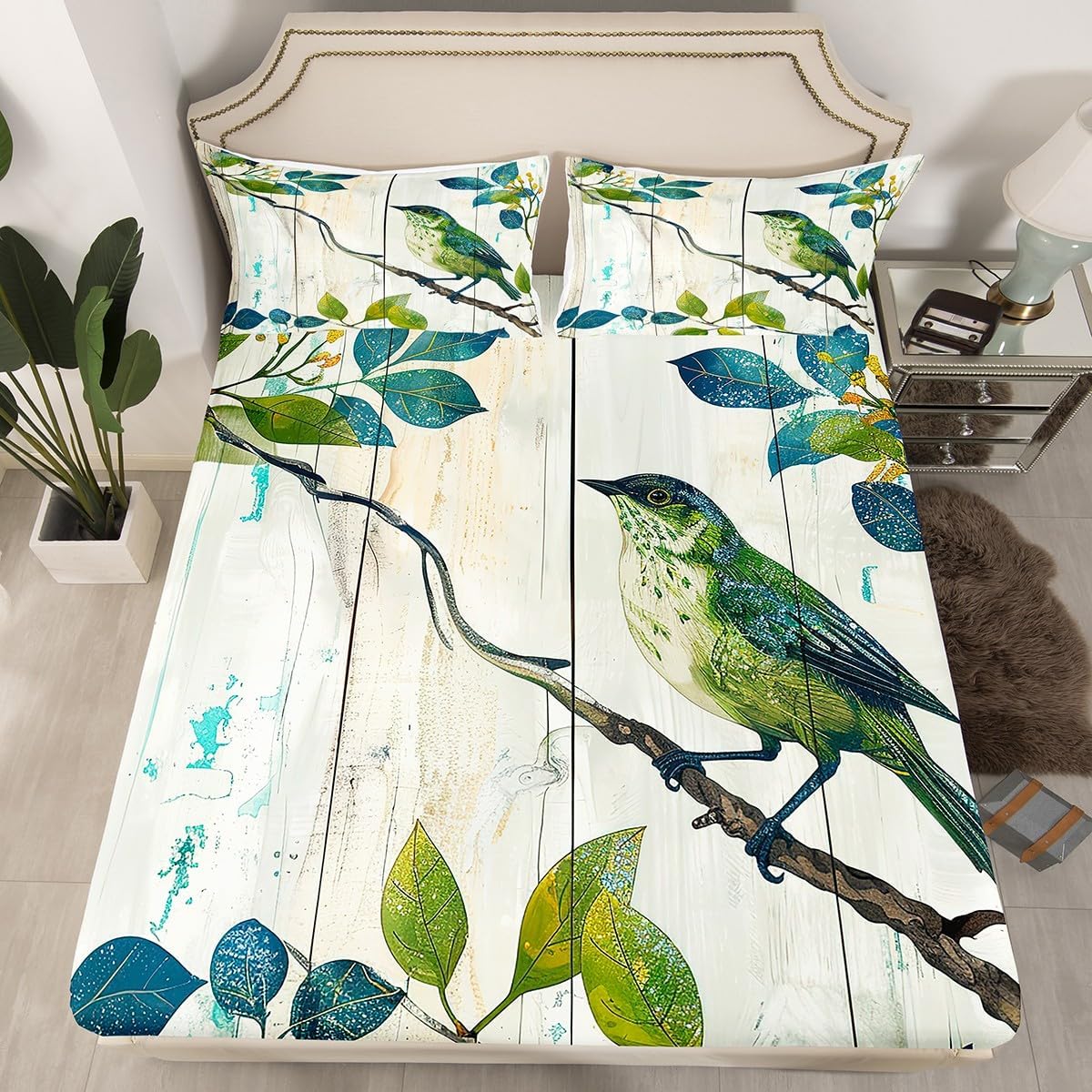 Erosebridal Bird on The Branch Fitted Sheet Full,Abstract Rustic Barn Farmhouse Bedding,Botanical Leaves Branches Sheets,Sparrow Wildlife Green Bed Sheets Bedroom Decor,3 Pcs