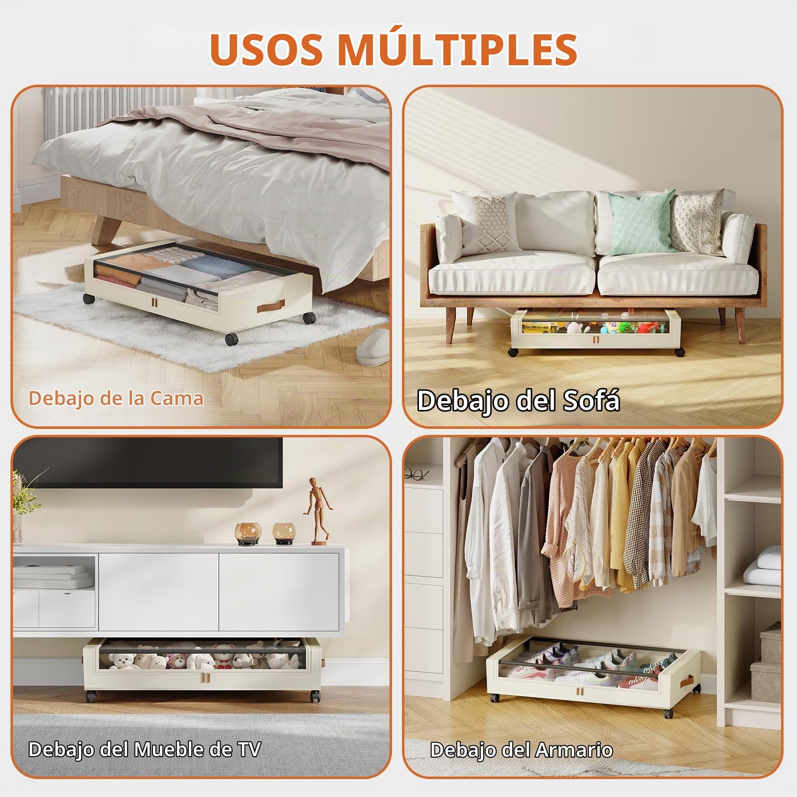 Somdot 48 L Cajones para debajo de la cama con ruedas, tapa y cremallera, caja bajo cama de gran capacidad, 43,5 profundo x 78,5 ancho x 17 alto, beige, pack 2