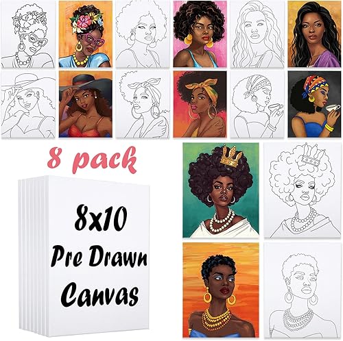Vista 30 de VOCHIC Paquete de 8 lienzos predibujados para pintar para adultos, kit de sorbo y pintura, suministros para fiestas, juego de pintura artística