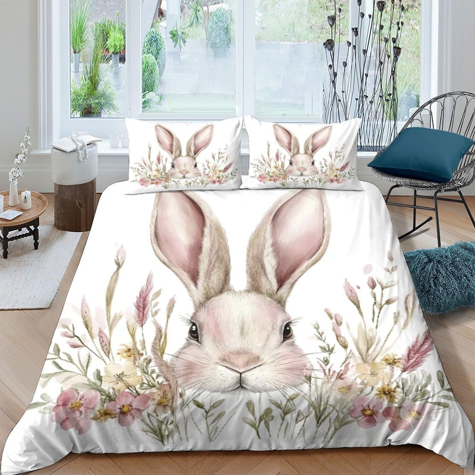 GPLZQXKJNH 3D Printed Cute Bunny Duvet Cover Microfiber Soft Floral Rabbit Bedding Set with 2 Pillowcases for Bedroom Decor Single（135x200cm）