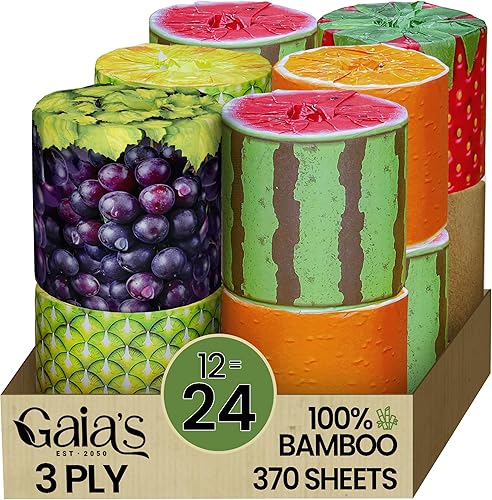Gaias FruiTP - Papel higiénico de bambú orgánico de alta calidad y suave, 12 megarrollos, 3 capas, 370 hojas, certificado FSC, sin PFAS y BPA,