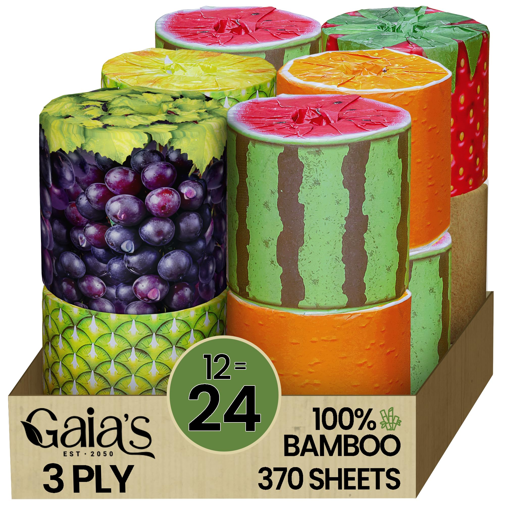 Gaias Premium and Soft Fruit TP Organic Bamboo Toilet Paper | 12 Mega Rolls, 3 Ply, 370 Sheets | FSC Certified, PFAS & BPA Free, Eco-Friendly, Sustainable Tissue - Plastic Free, Septic Safe, Vegan