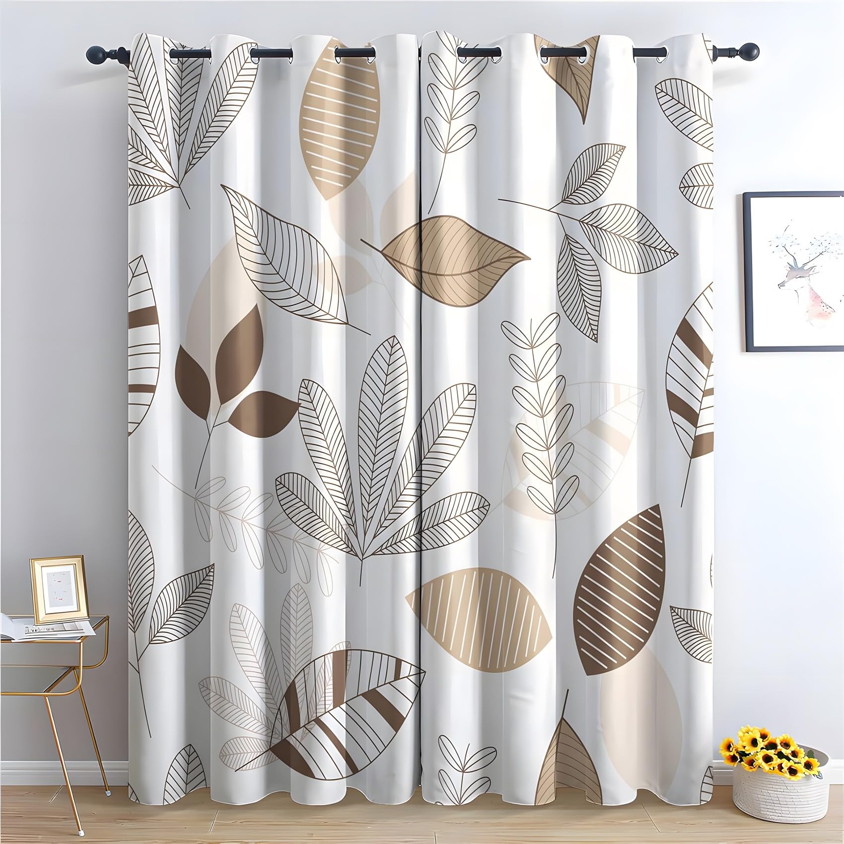KaiHeBeding Botanical Leaves Blackout Curtains for Bedroom - Geometric Abstract Living Room Curtains 90x90 Eyelet - Soft Thermal Insulated Patterned Drapes for Windows - 2 Panels