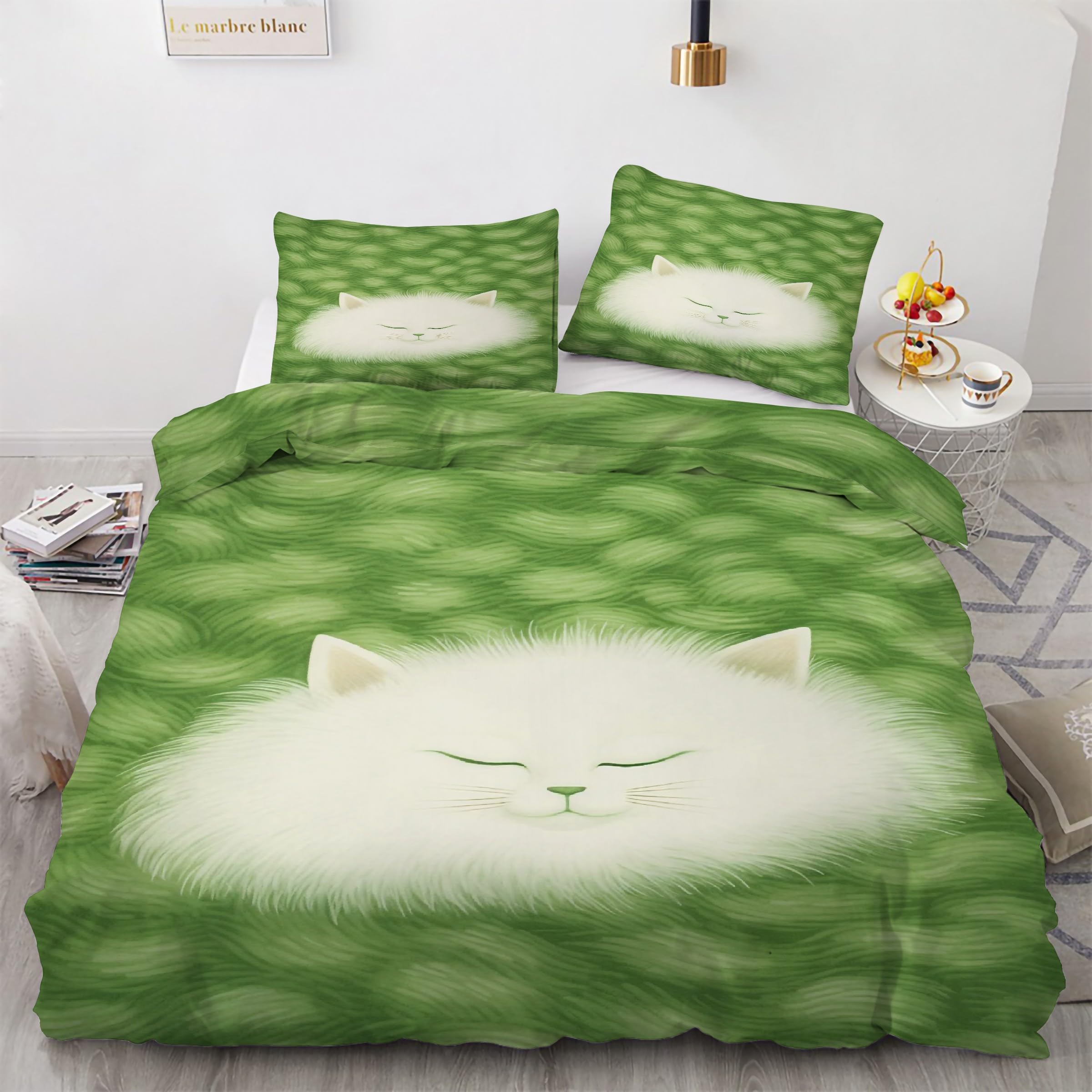 Housse de couette 200x200 chat blanc avec 2 taies d'oreiller microfibre