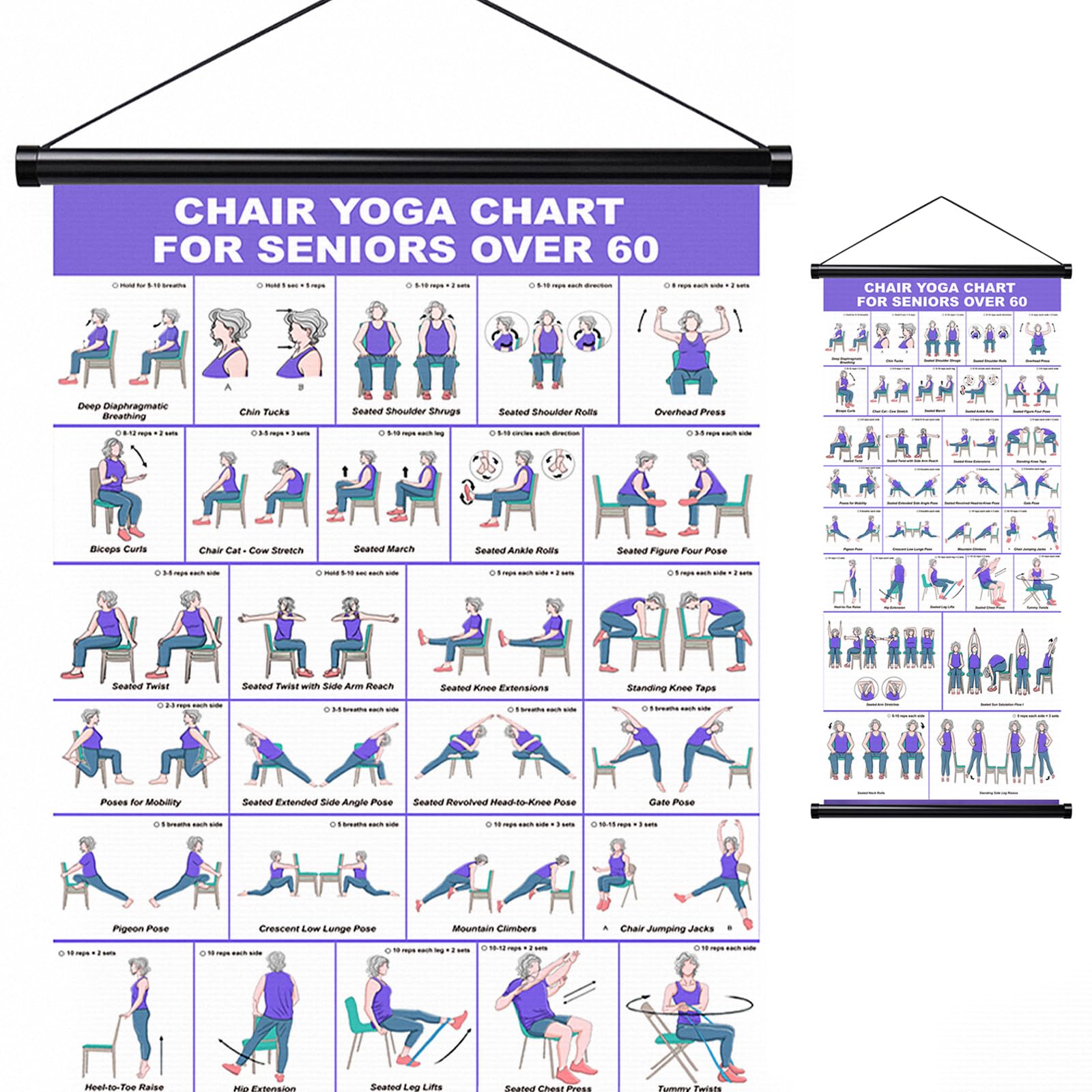 GiftNest Chair Yoga Wall Chart – 31 Poses for Seniors & Beginners – Fabric Poster with Hanging Rod & Rope – Durable, Foldable, and Easy to Display in Home or Office – Stretching & Mobility Guide