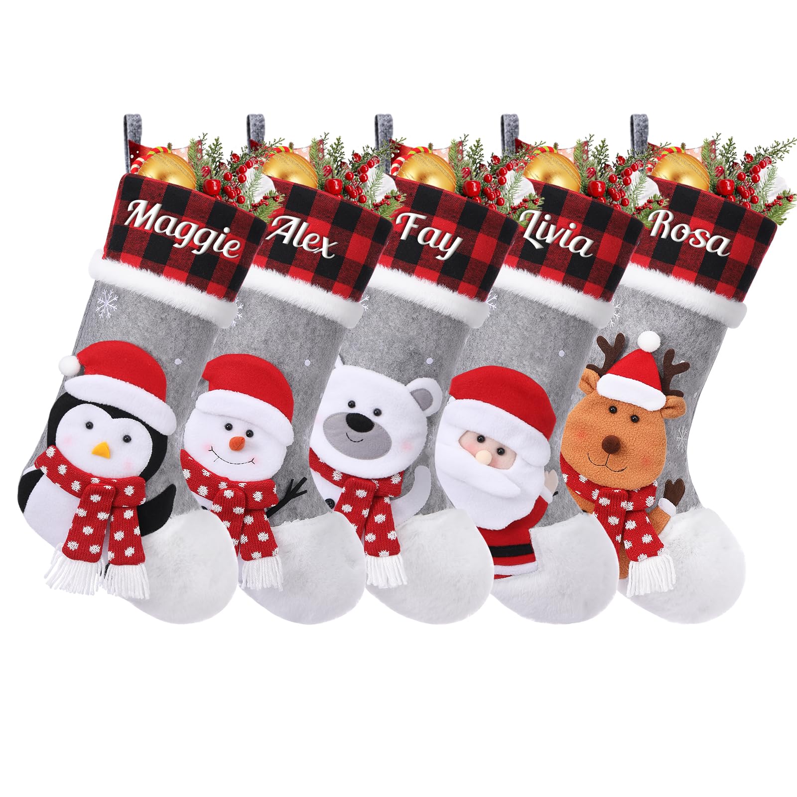 SearchI 5er Personalisierte Weihnachtsstrümpfe Nikolausstrumpf Christmas Stockings,Personalisierter Weihnachtsstrumpf zum Aufhängen&Befüllen Kamin Hängende Ornamente Geschenkhalter für Weihnachtsbaum