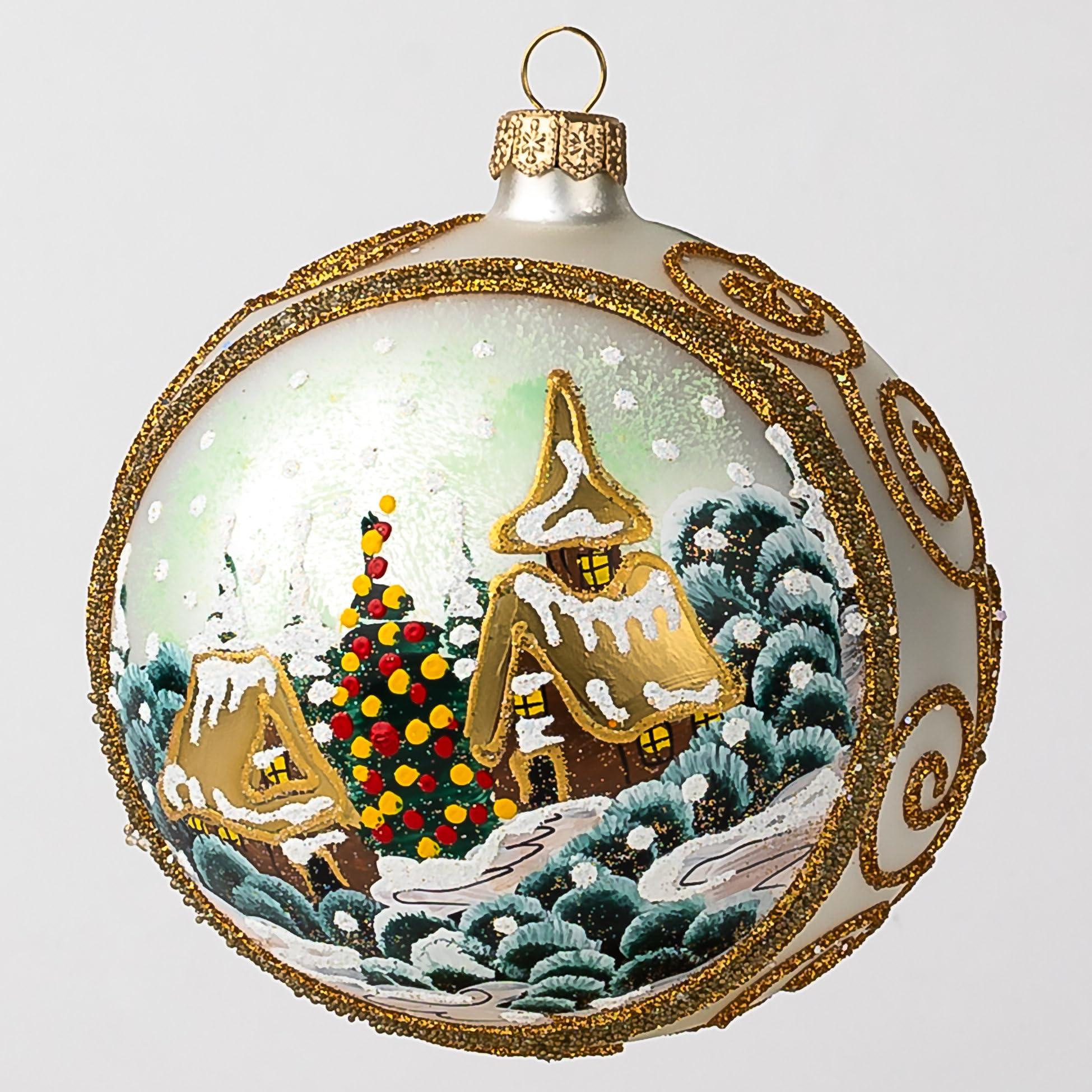 Adorno de Navidad, día invernal con flor de pascua roja, bola de vidrio soplado (plata mate, 120 mm)